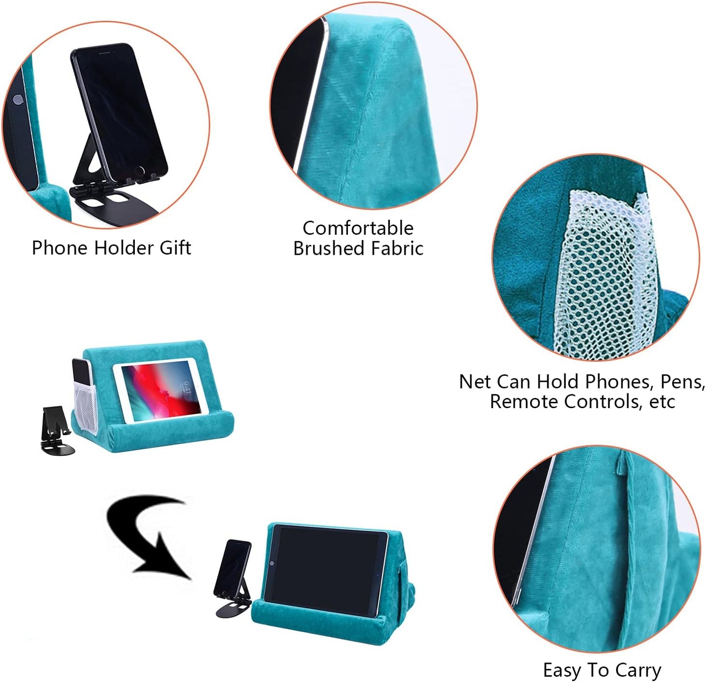 2pcs Multi-Angle Tablet Holder Cushion Stand with Net Pocket & Black Color Phone Stands Upgraded Tablet Pad Support for Phone,Pad,Books ( Lakeblue )