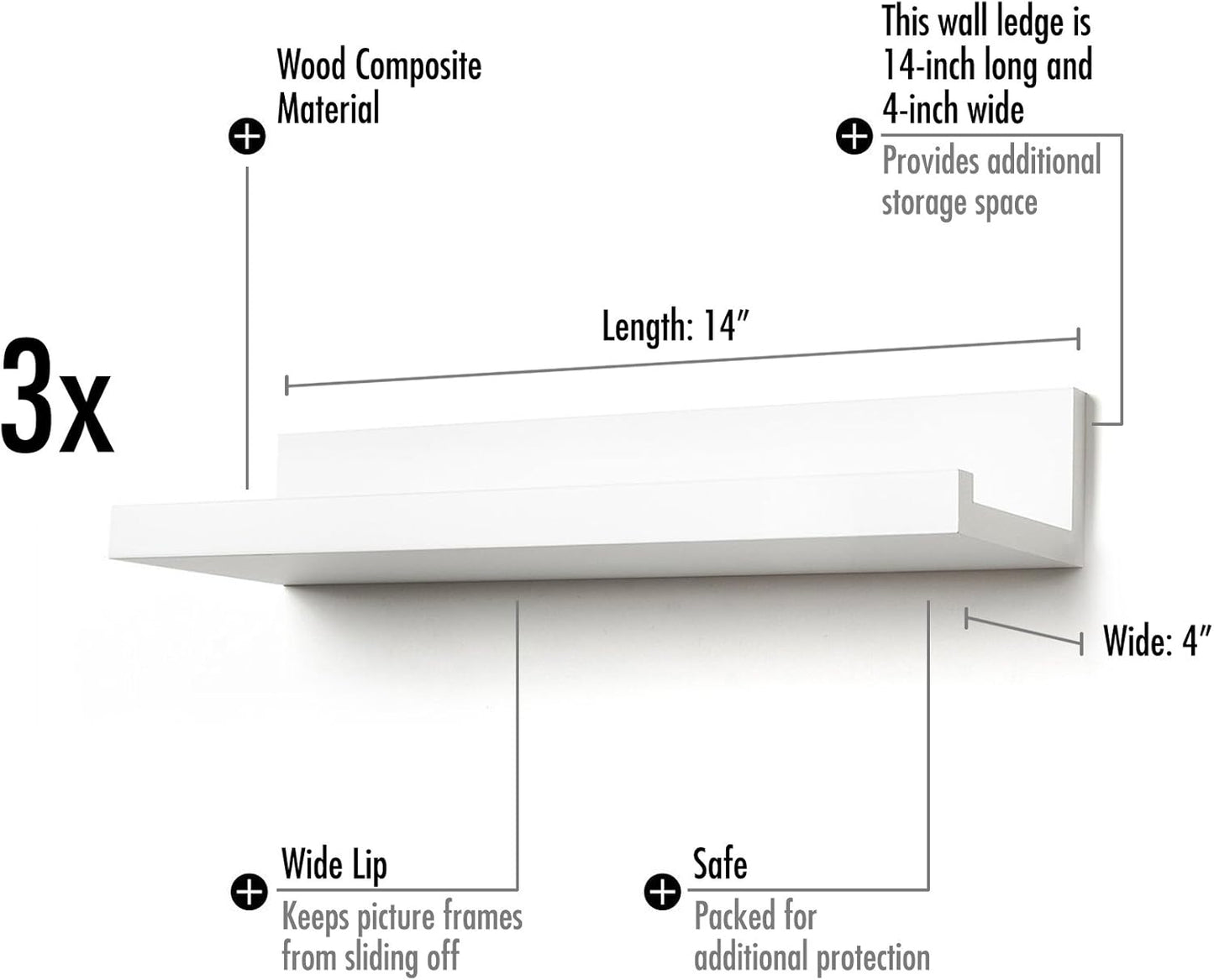 Americanflat 14" Floating Shelves for Wall - Set of 3 - Made of Engineered Wood with Lipped Ledge - Floating Wall Shelves for Bedroom, Bathroom, Kitchen, Office, and Living Room - White
