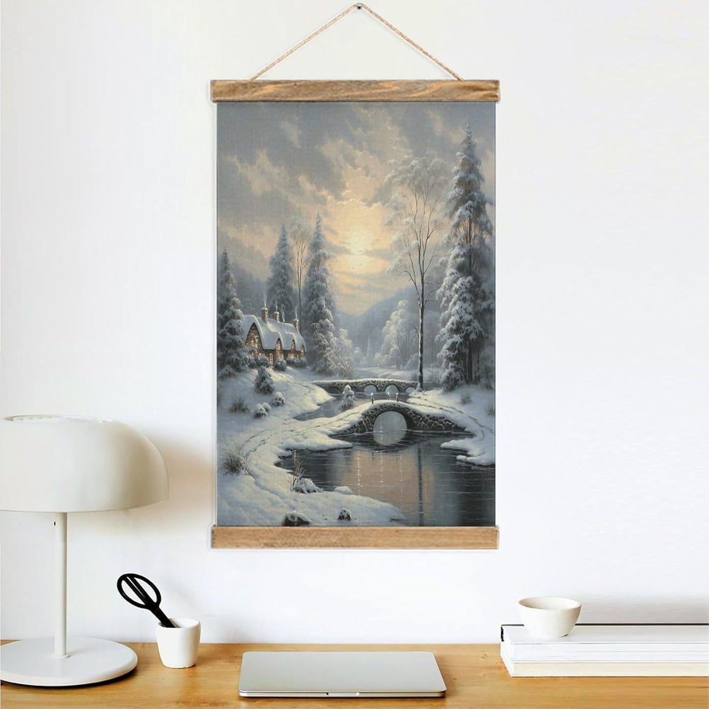 Vintage Winter Snow Scene Poster with Wooden Frame Personalized Linen Hanging Scroll Painting Rustic Wall Hanging Illustrative Modern Artwork Decor for Home Living Room Bedroom Office
