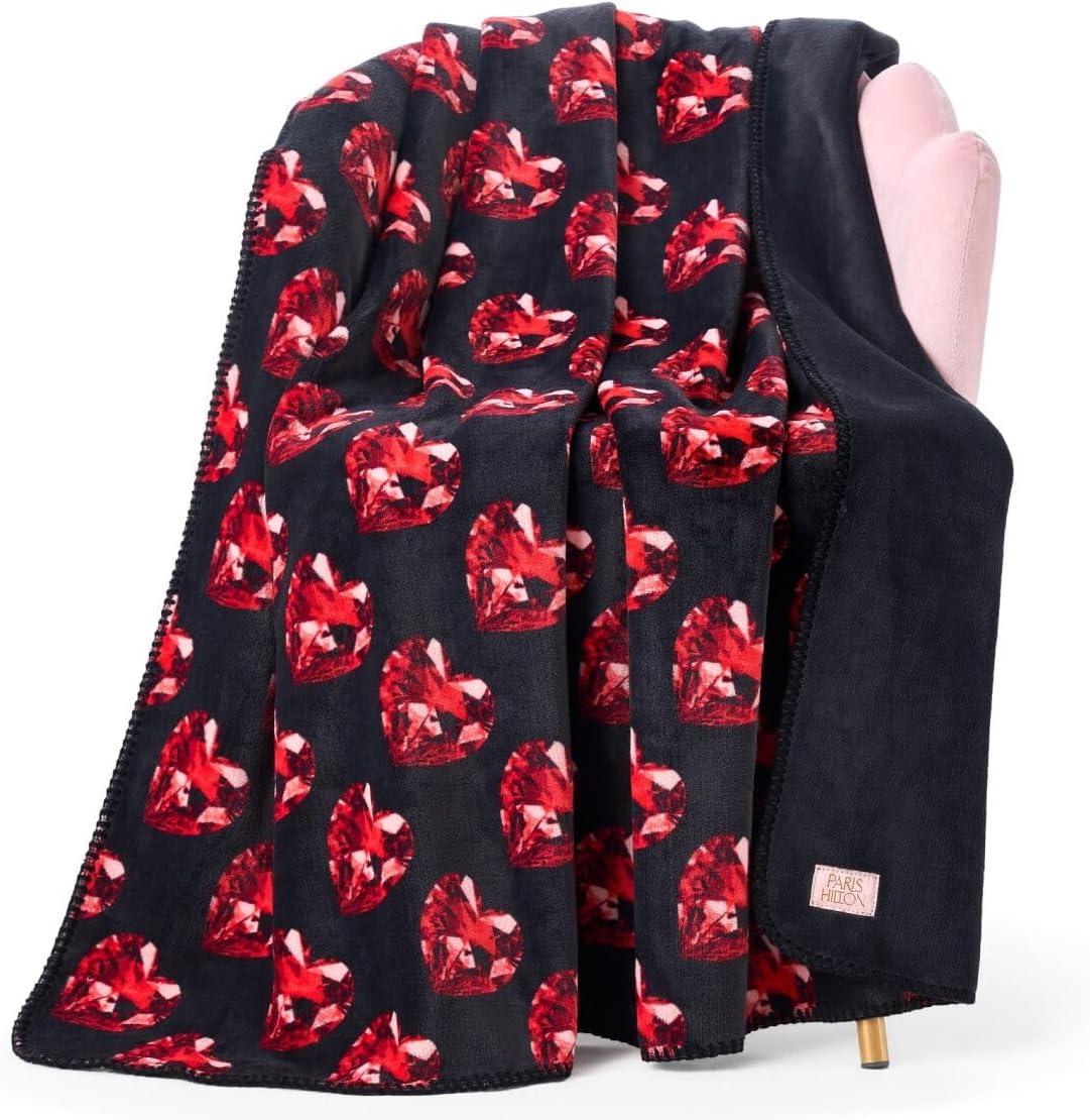 Paris Hilton Plush Throw Blanket for Couch Room Decor - Home Decor Cozy Cute Warm Blankets for Bed Home Sofa Living Room Decor - Gifts for Teen Girls & Women, 50x70 (Black/Red)