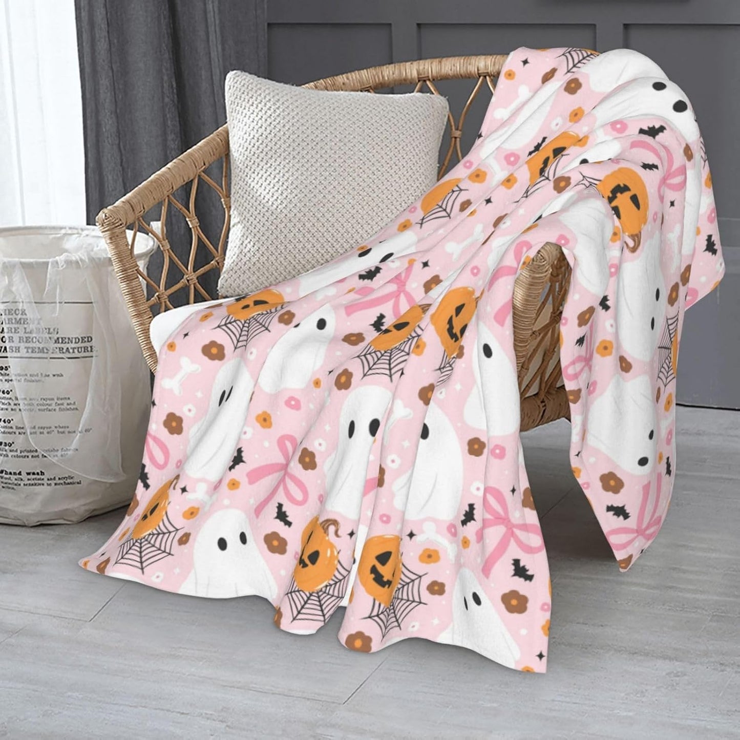 Halloween Pink Bow Ghost Throw Blanket,Halloween Flannel Blankets Throw,Soft Cozy Throw Blanket for Sofa Bed Living Room Holiday Party Decor,Throw Blankets for Women, Adults（50"x60"）