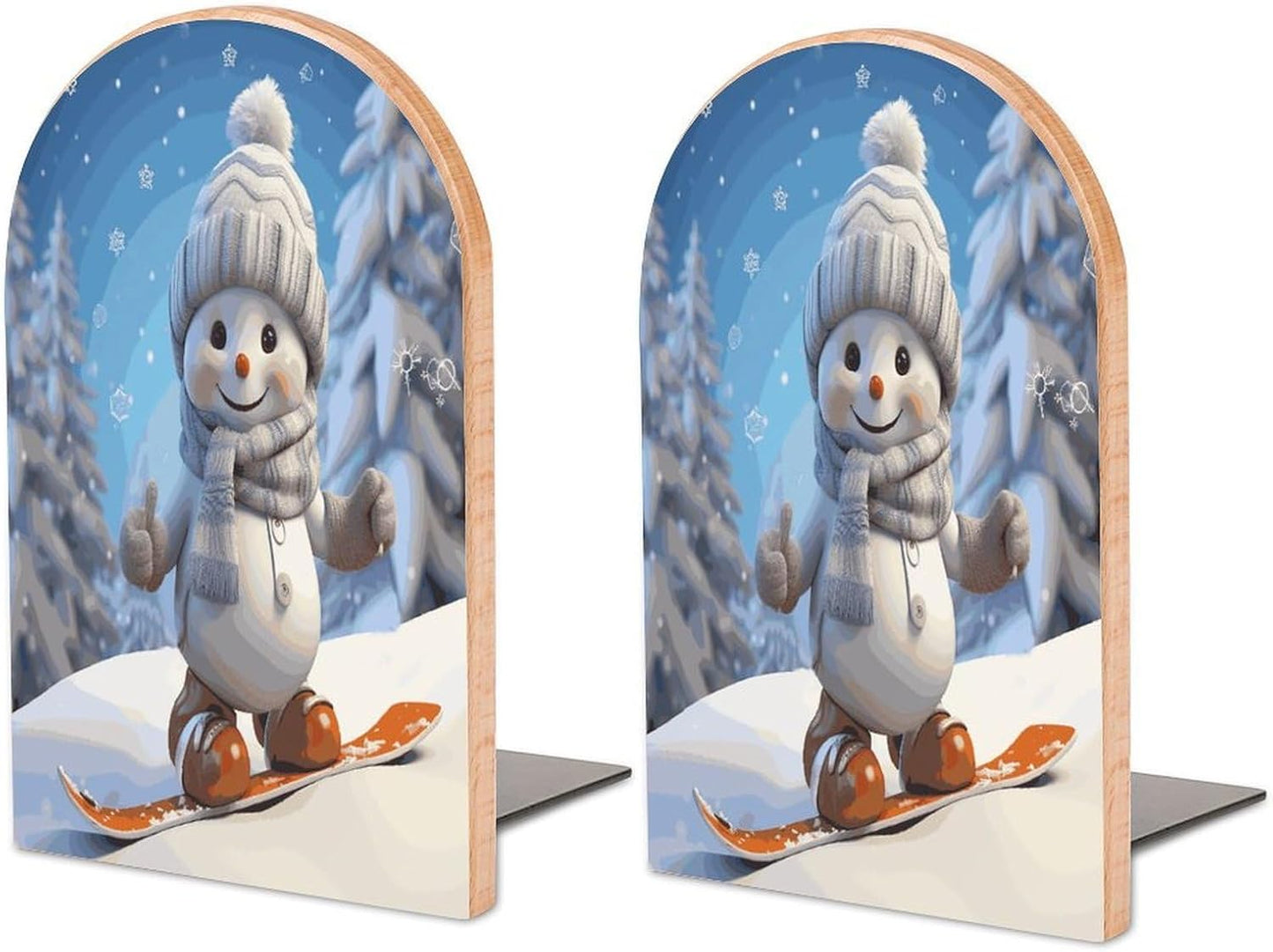 Non-Slip Bookend for Shelves Cute Snowboard Snowman Wooden Bookends with Metal Base Decorative Book Stopper for Home Heavy Duty Wood Book Storage for Books/CDs