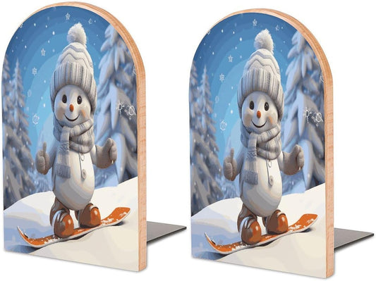 Non-Slip Bookend for Shelves Cute Snowboard Snowman Wooden Bookends with Metal Base Decorative Book Stopper for Home Heavy Duty Wood Book Storage for Books/CDs