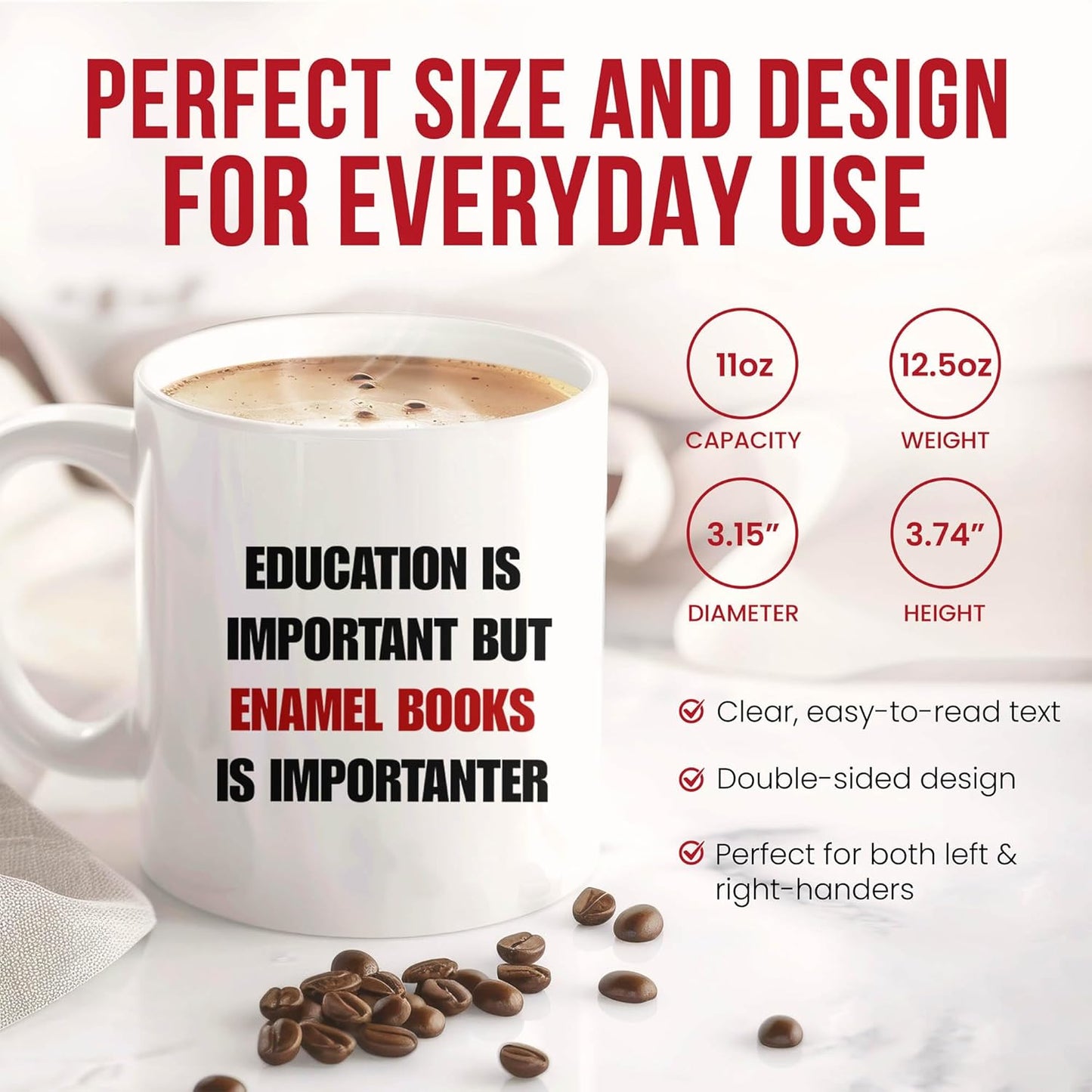 Education Is Important But Enamel Books Is Importanter Mug - Lover Coffee Cup - Bibliophile Funny Gift From - Literary Enthusiast Tea Mugs - Reading Cups - 11 Oz Ceramic Gifts For Collectors