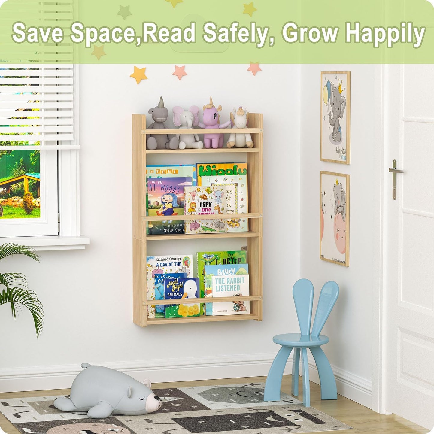 Wall Bookshelf for Kids, 3 Tier Kids Bookshelf Wall, 16.5 inch Floating Book Shelves for Nursery, Great for Bedroom, Living Room, Play Room and Nursery.