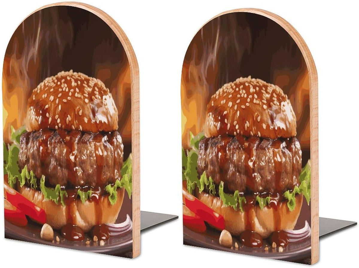 Non-Slip Bookend for Shelves Hamburger Steak Fast Food Wooden Bookends with Metal Base Decorative Book Stopper for Home Heavy Duty Wood Book Storage for Books/CDs