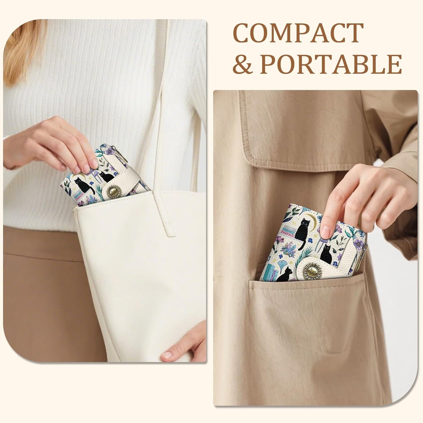 Black Cat Small Wallet Women RFID Blocking Bifold, Cute Credit Card Holder, Zipper Coin Pocket, PU Leather, Compact, Travel, 4 ID Window, 14 Card Slots, Cash Purse, Ladies Woman Female Girls