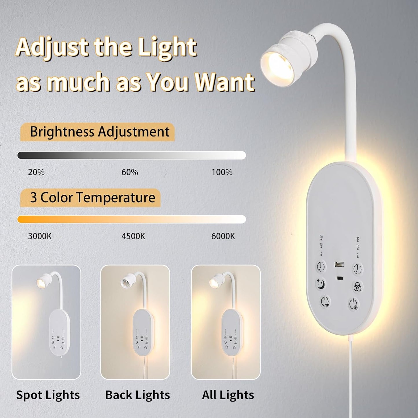 Books Lights for Reading Set of 2, Bedside Wall Mounted Reading Light with 3 Color Temperature & Timers, Touch Control Stepless Dimmable Wall Sconces, Flexible Gooseneck Bed Lights for headboard