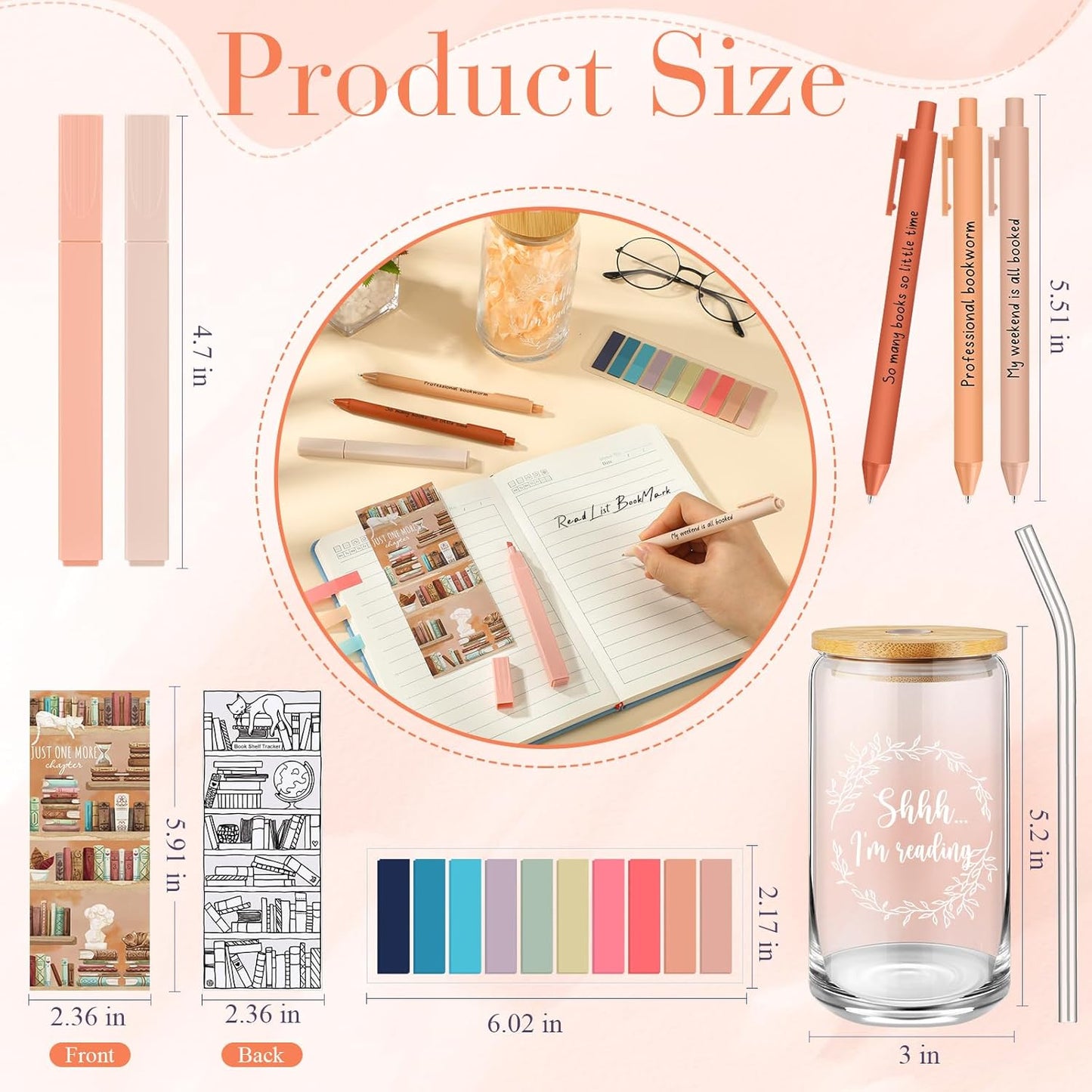 8 PCS Book Lover Gifts 16 oz Glass Cup with Bamboo Lid Straw Reading List Bookmark Sticky Pastel Highlighters Notes Pens for Bookish School Librarian Bookworm Teacher Women(Orange Red)