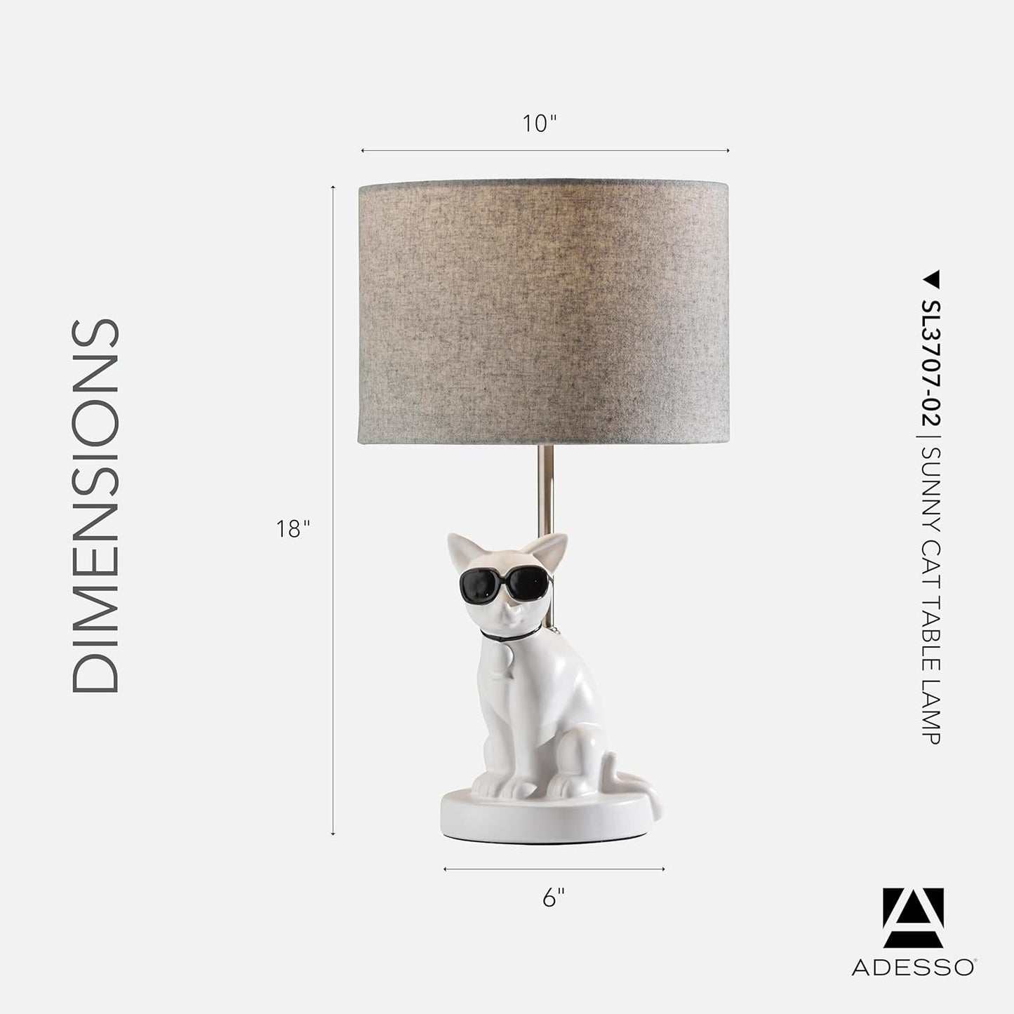 Adesso Sunny Cat Table Lamp – White Ceramic Novelty Lamp for Bedroom and Office Lighting or Living Room Décor, 18” x 10”