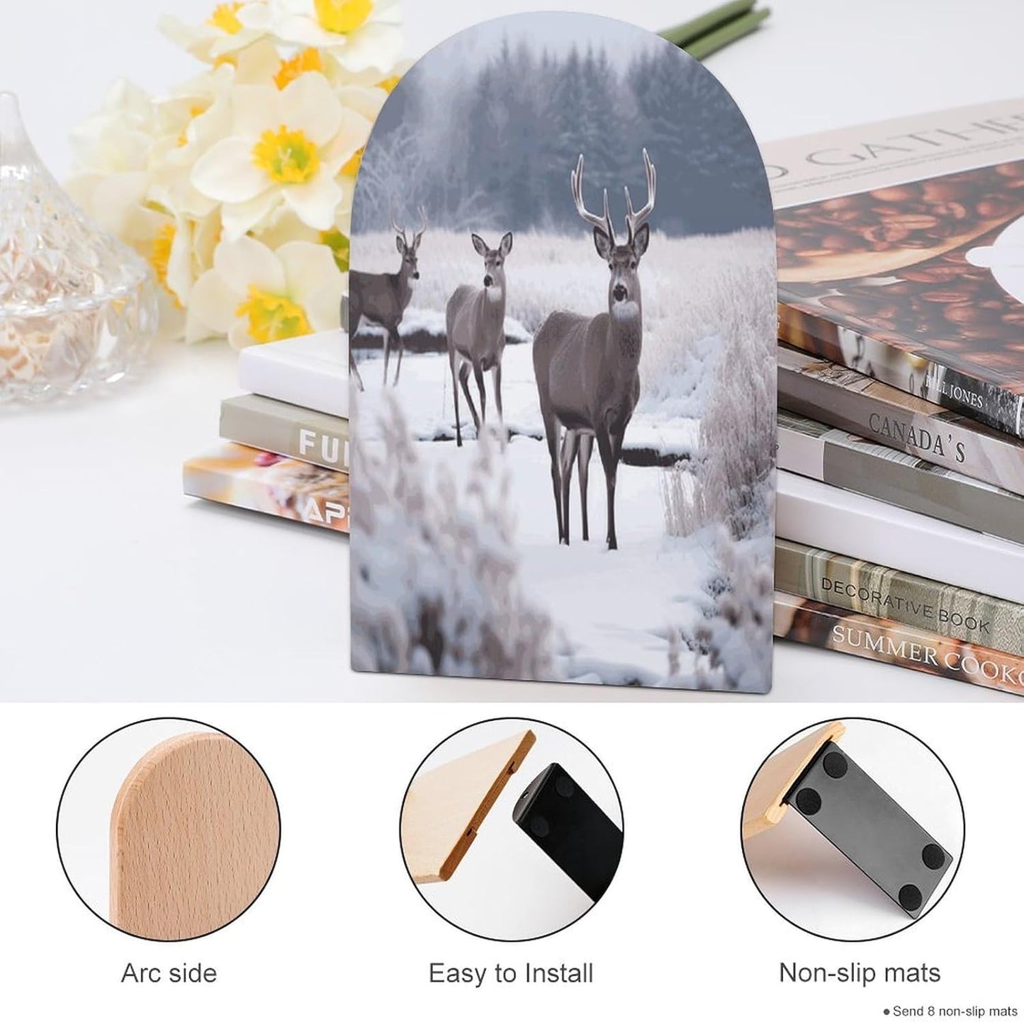 Non-Slip Bookend for Shelves Deer on Frozen Wilderness Wooden Bookends with Metal Base Decorative Book Stopper for Home Heavy Duty Wood Book Storage for Books/CDs
