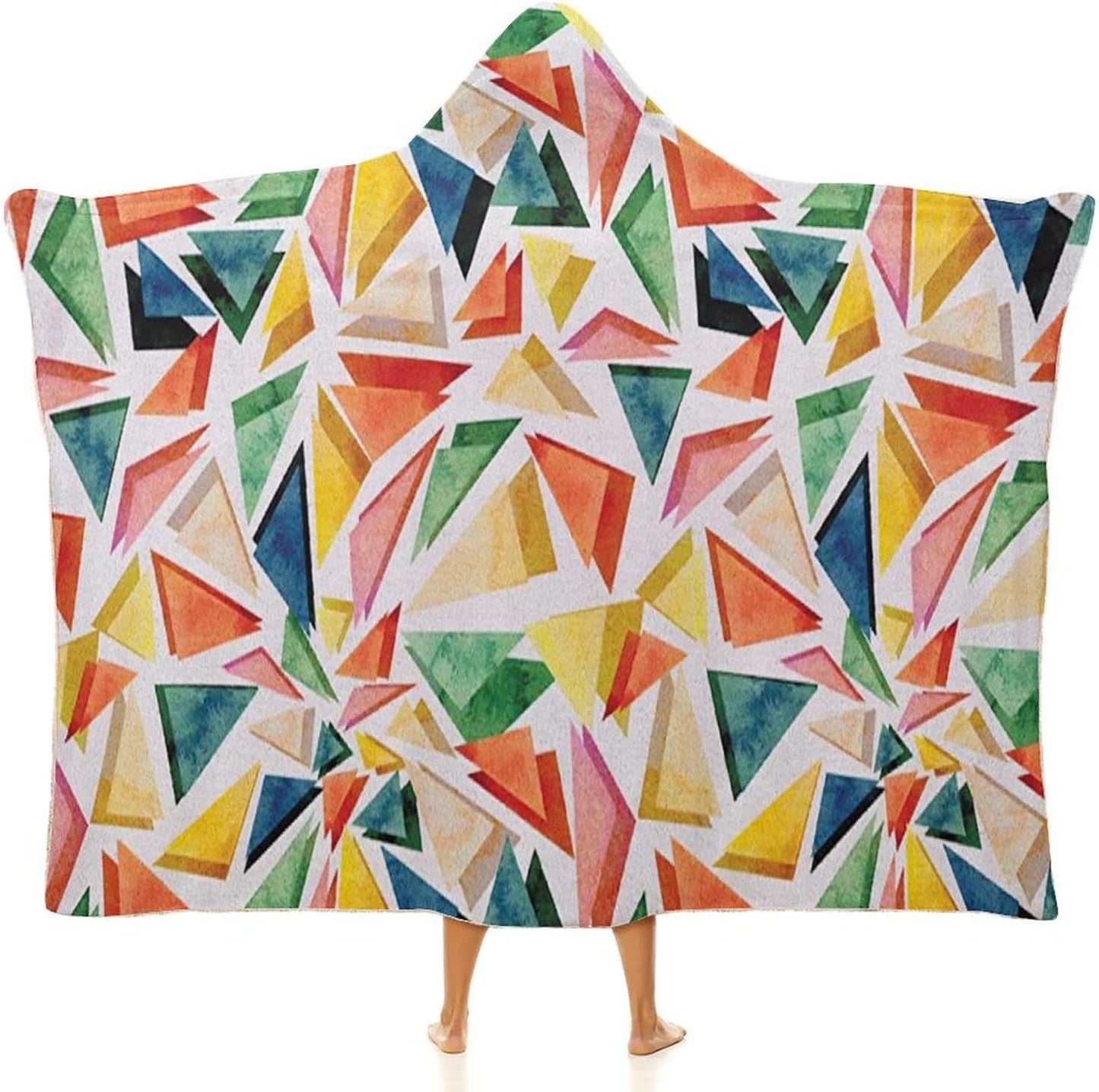 Throw Blankets, Watercolor Wearable Hooded Blanket for Adults, Triangle Pattern Rainbow Color Palette Abstract, Soft Warm Cozy, 50 x 60inches, Studying Reading Snuggling Napping Office, Multicolor