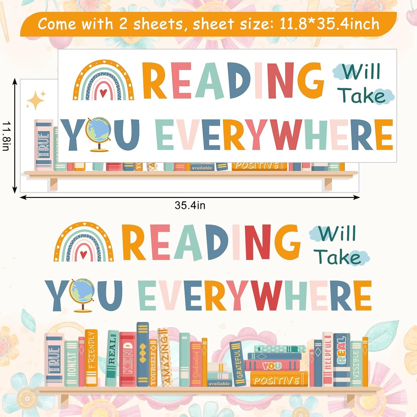 JarThenaAMCS 2 Sheets Back to School Hippie Boho Reading Wall Stickers Positive Quote Book Print Large Room Mural Decals for Classroom Library Decor, 11.8 x 35.4 Inch