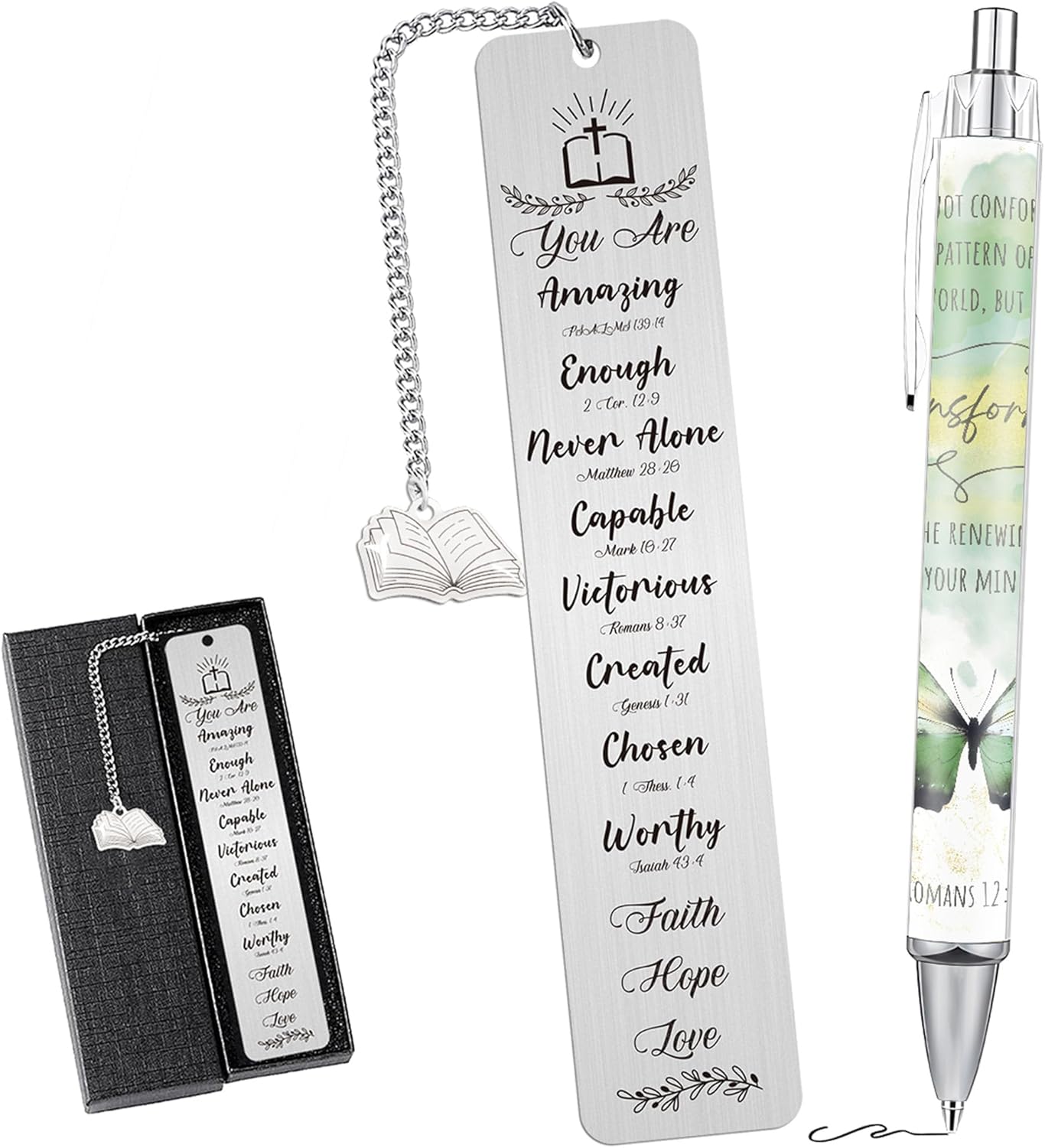 Bible Bookmark and Pen Gift Set with NFC – Inspirational Metal Bookmark with Scripture Verses, Engraved Ballpoint Pen, Gift Box, Christian Gift for Women Men Teachers Colleagues Friends
