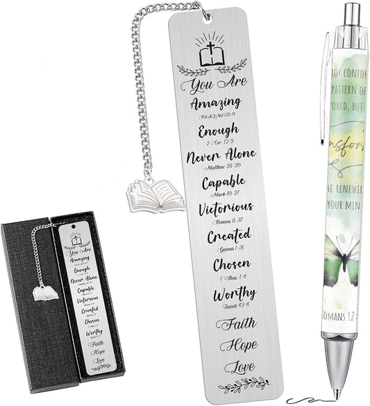 Bible Bookmark and Pen Gift Set with NFC – Inspirational Metal Bookmark with Scripture Verses, Engraved Ballpoint Pen, Gift Box, Christian Gift for Women Men Teachers Colleagues Friends