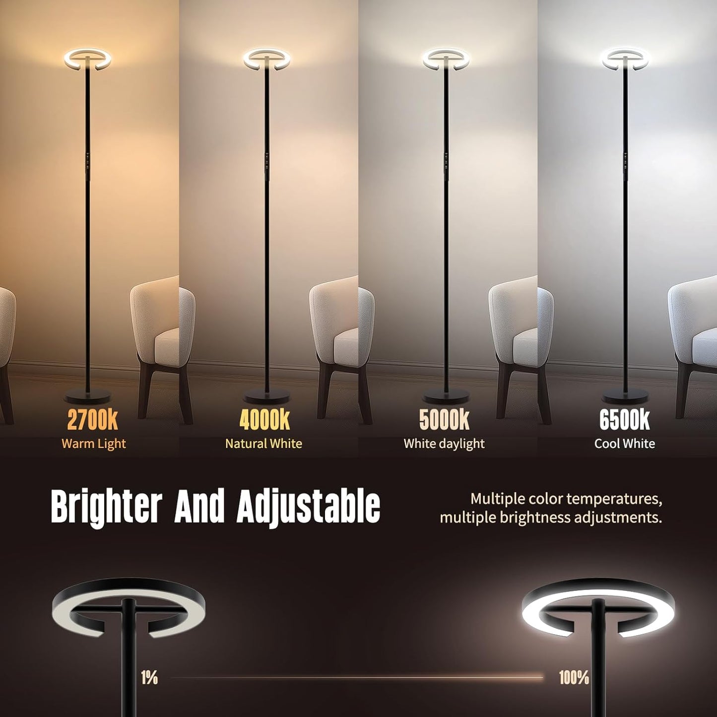 GLOWRIUM-H3B Floor Lamp for Bedroom, 71 Inch Bright LED Modern Corner Lamp with Remote, 4 Color Temperatures Tall Standing Reading Lamp with Timer for Bedroom, Stepless Dimmable, Rotatable Head