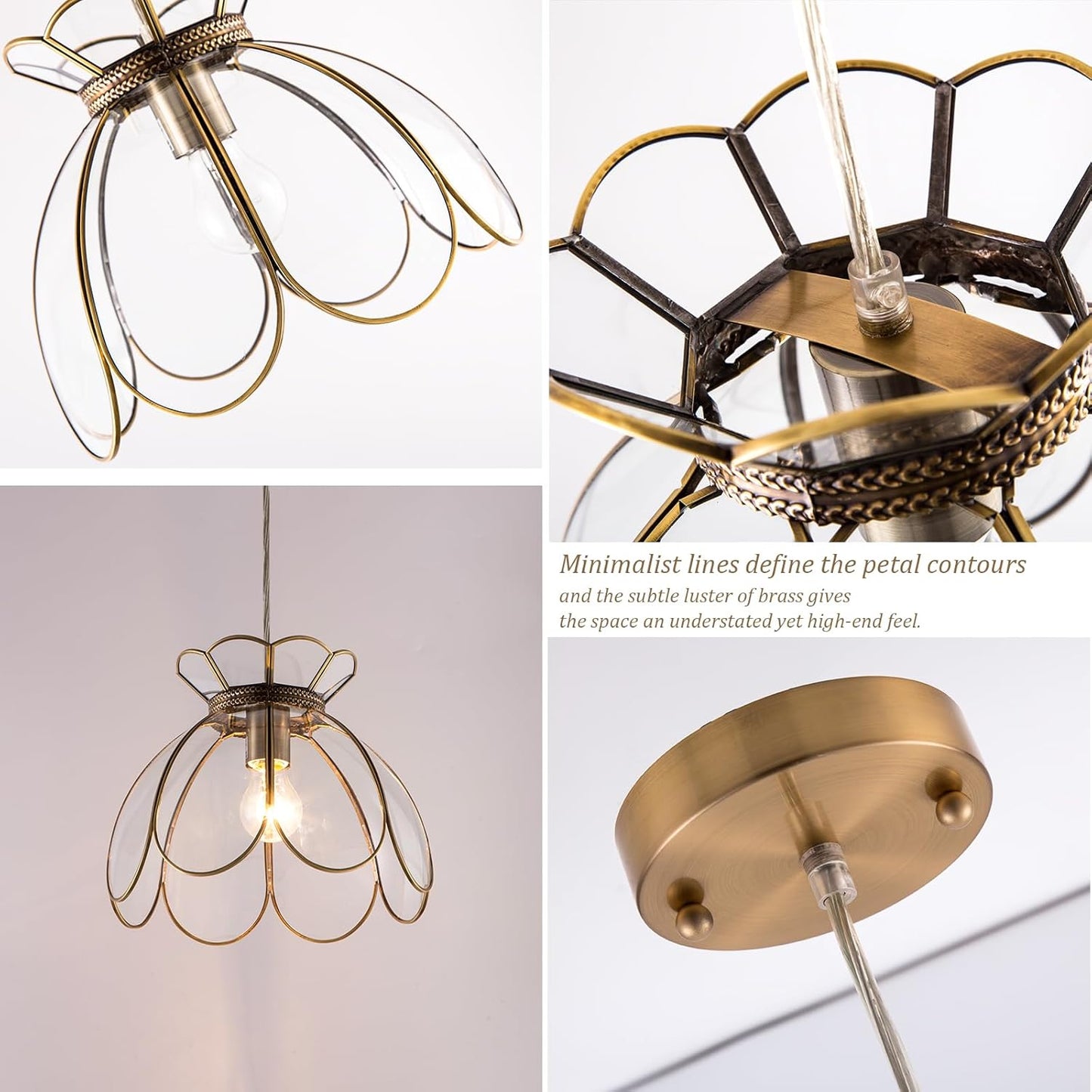 Brass Glass Ceiling Pendant Light, Hanging Chain lamp, with Vintage Lotus Flower Glass Shade for Kitchen Island Dining Room Bedroom Living Room-12 Clear Large Shade