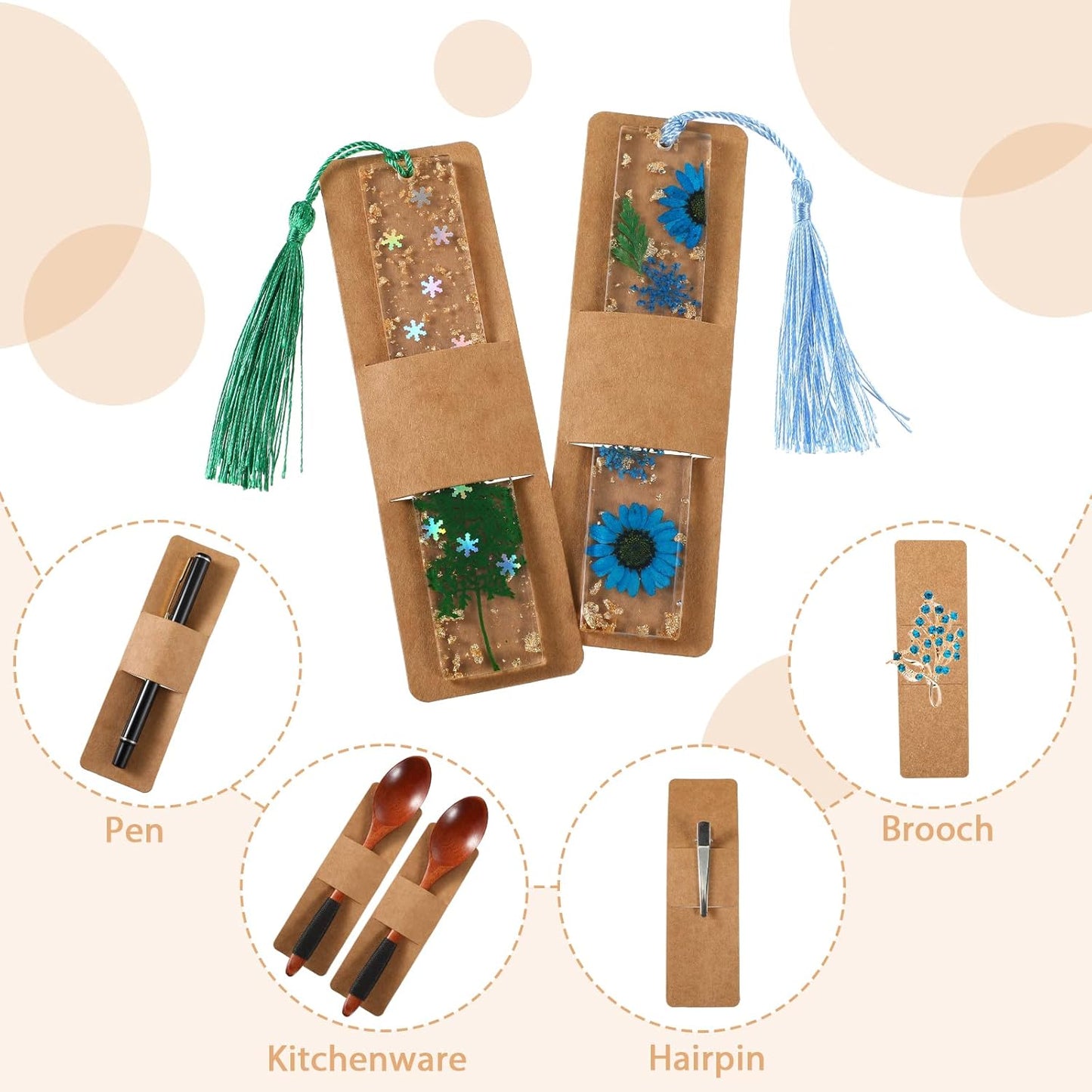 Fumete 50 Pieces Resin Bookmark Holder Bulk 5. 9 x 1. 8 Inches Kraft Bookmark Sleeves DIY Display Cards for Wrapping Small Business Packaging Supplies Party Favor Gifts(Cute,Brown)