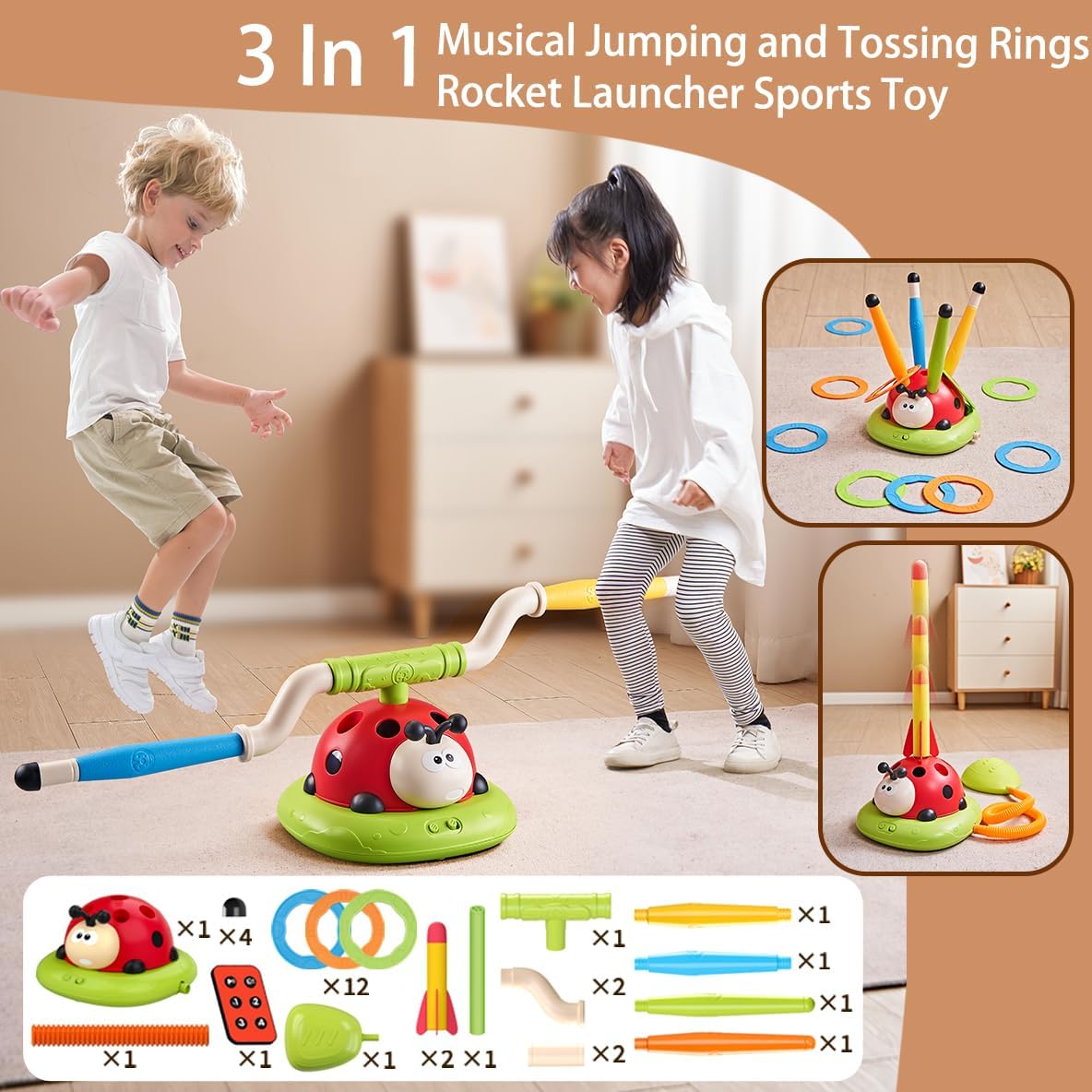3 in 1 Musical Jump, Toss Ring Game and Stomping Launch Rocket Launcher for Kids Outdoor Toys with Remote Control, Indoor Outside Toy for Kids Ages 4-8 Toys for Ages 5-7 8-13 Birthday Gifts