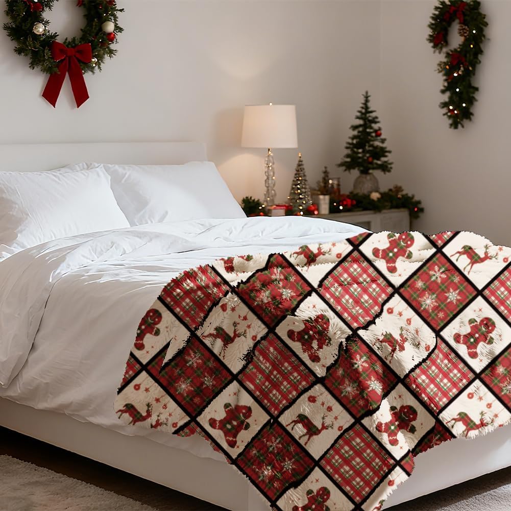 WADORN Christmas Gingerbread Man Elk Throw Blanket, 500GSM，Christmas Red Black Buffalo Plaid Cozy Throw Blanket Soft Flannel Fleece Blanket for Home Bedroom Sofa Couch Chair Xmas Winter, 51x59 Inch