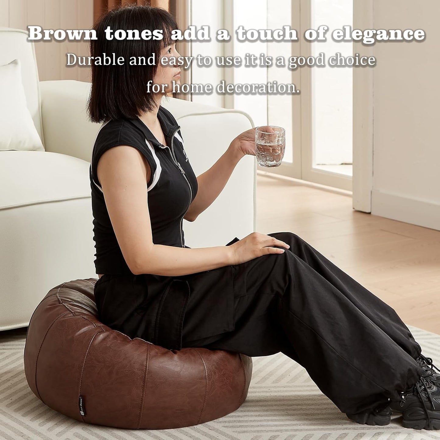 Louis Donné Unstuffed Pouf Stool Ottoman Footrest Cover Only Moroccan Vintage Storage Clothes Waterproof Faux Leather Small Bean Bag Cover Kits Reading Camping Travel pet Friendly (Only Cover)(Brown)