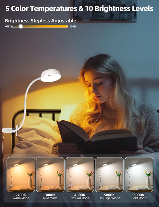 Clip on Lamp 10-Level Dimming & 5 Color Modes LED Book Light, Flexible Reading Light with Clamp for Beds, Desks, Table, Headboards, Dorm- Eye-Friendly Clip on Night Light for Kids/Adults (White)