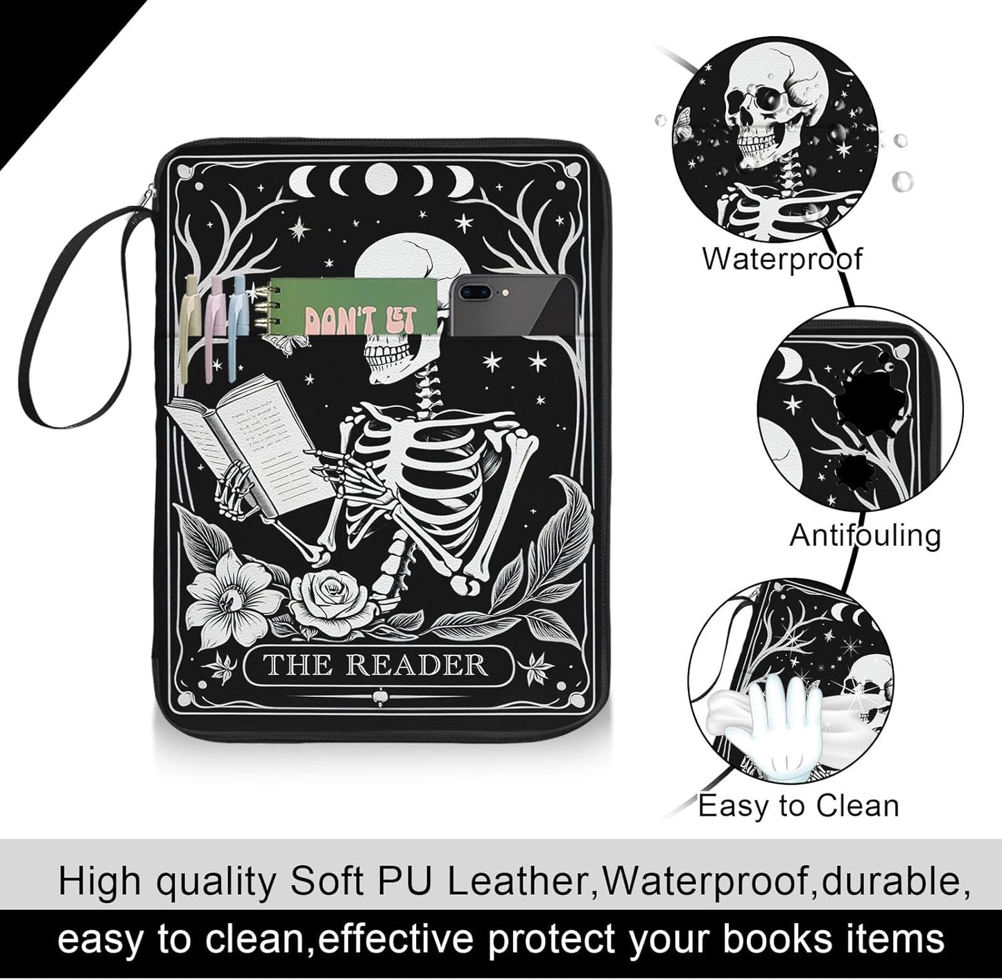 Skull Book Sleeve for Book Lovers, Paperback Book Protector Case, PU Leather Waterproof Book Pouch with Zipper, Gothic Skeleton Print Book Carrying Case for Hardcover, Book Cover for Men Boys