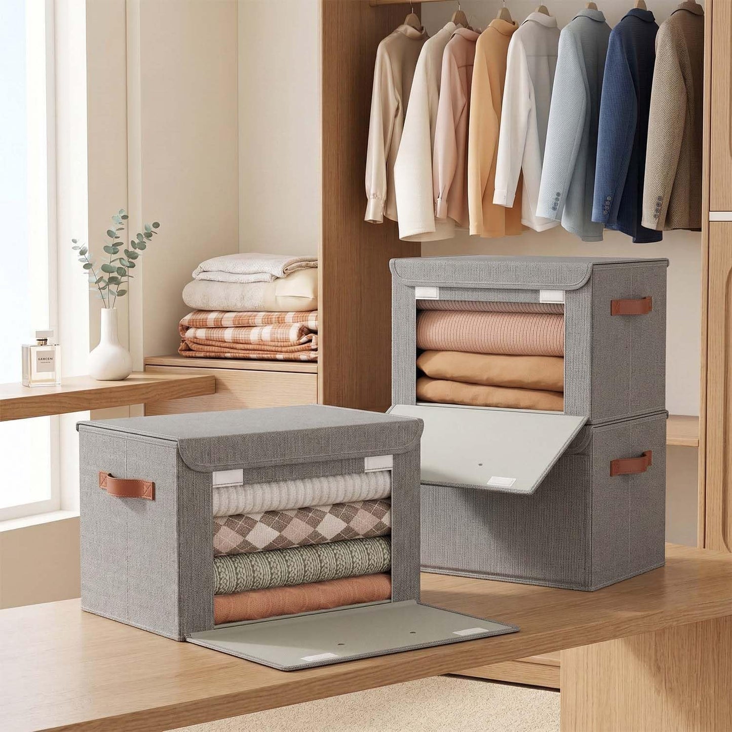 Tuza 4 Pack Storage Bins with Lids, Large Closet Storage Bins with Handles, Stackable Decorative Storage Boxes for Shelves Under Bed, Clothes Blankets Sweater Storage