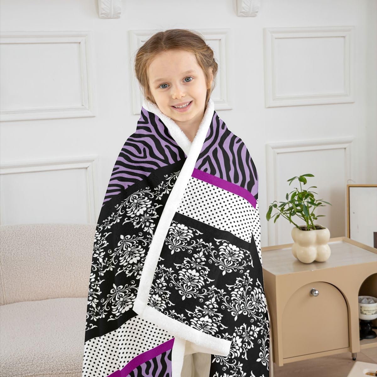 Feelyou Zebra Print Sherpa Throw Blanket for Couch Purple Black Polka Dot Damask Super Soft Cozy Fleece Safari Animal Blanket for Winter, Plush Throw Baby 30"x40" All Season