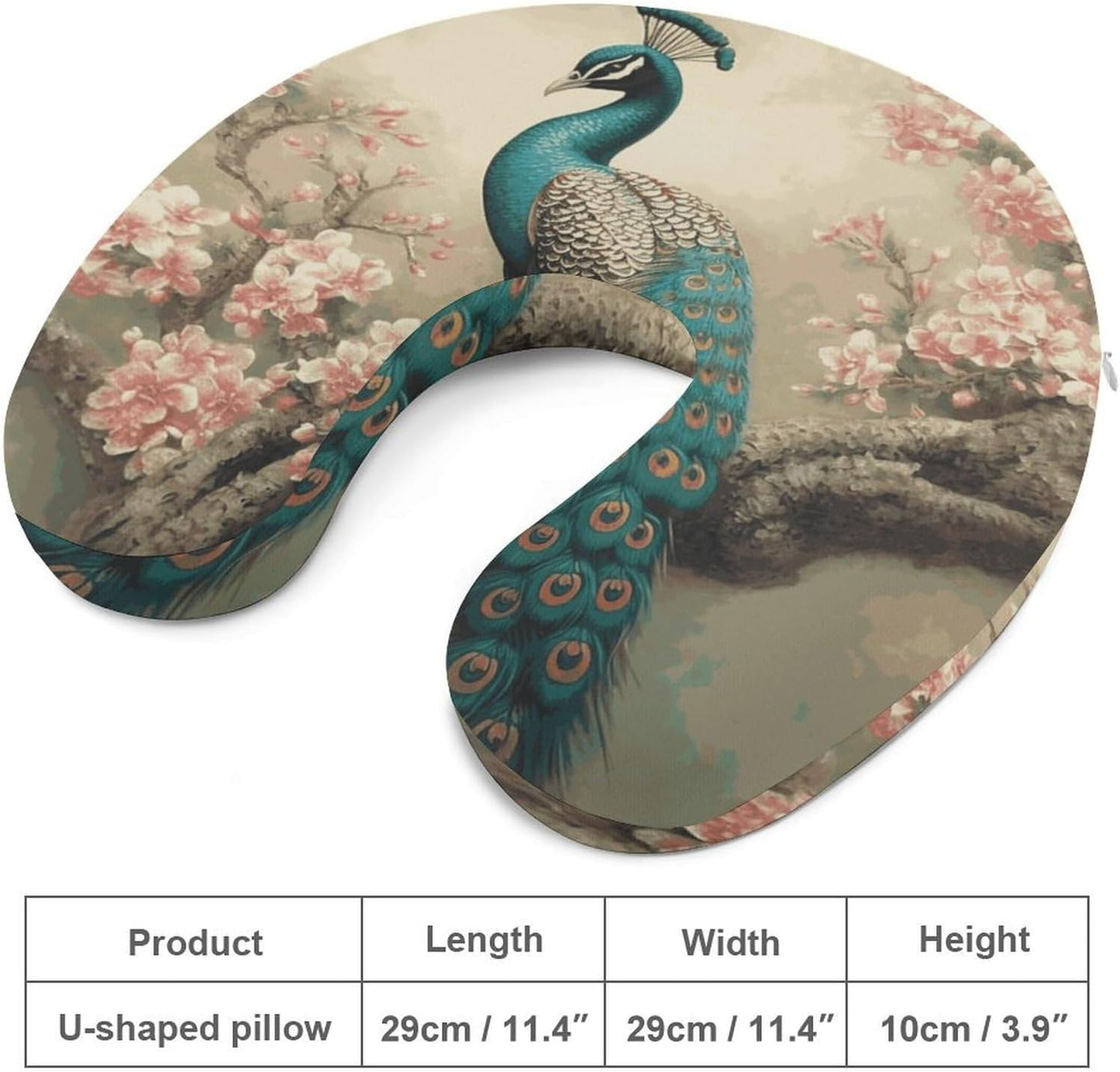 Oriental Peacock on Flower Tree Neck Pillow Memory Foam U Shaped Pillows Portable Pillows for Shoulder Travel Head Support Pillow with Concealed Zipper for Airplane Car Home Office