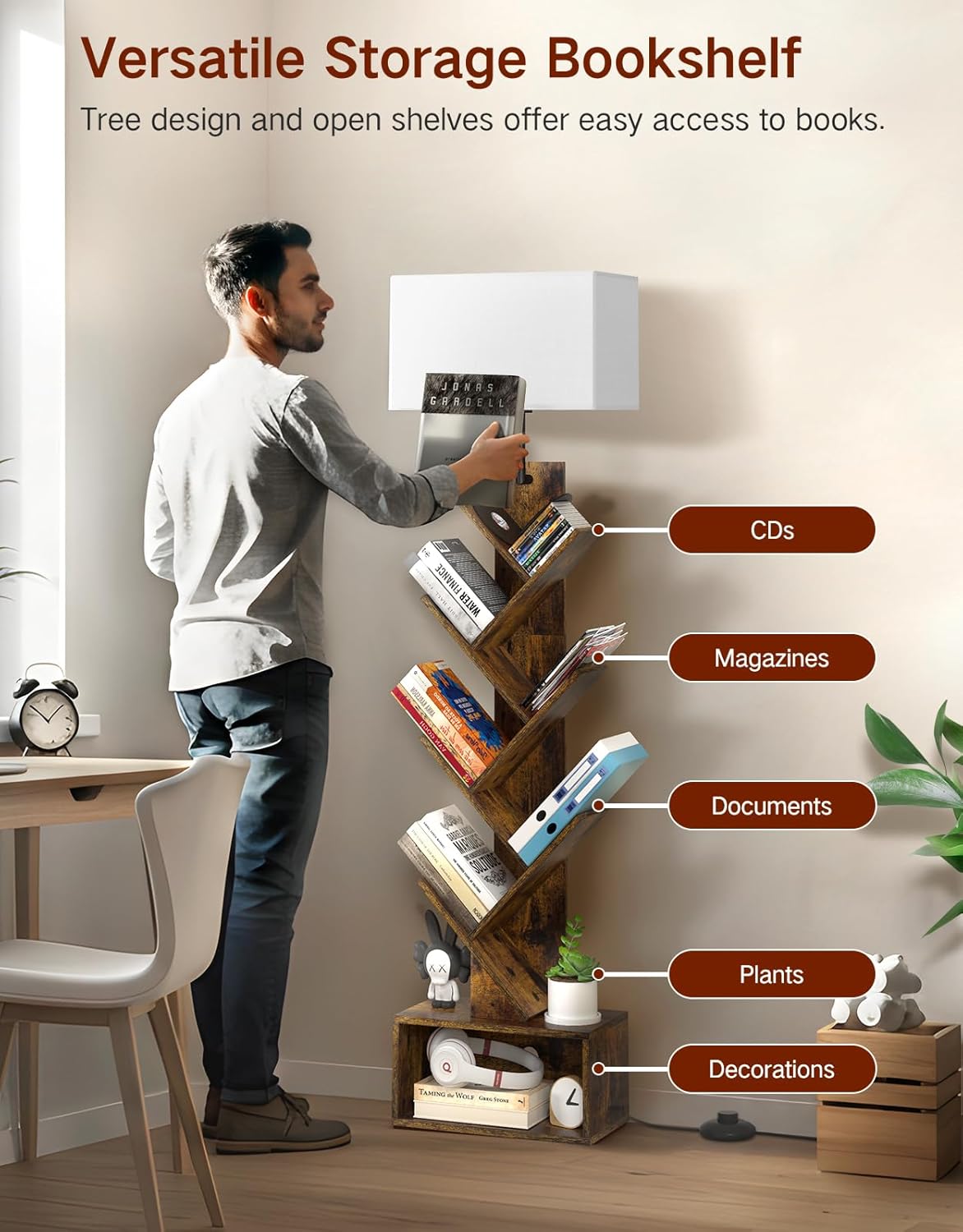 6 Tier Tree Bookshelf with Light, Remote & Timer, Modern Tall Floor Standing Book Shelf, Narrow Wood Bookcase, Small Book Organizer Shelves for Living Room, Bedroom, Office (Rustic Brown)
