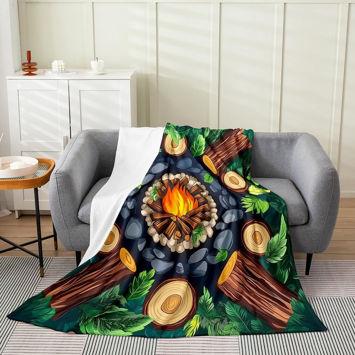 Erosebridal Campfire Fleece Throw Blanket Queen Inch Tree Stump Flannel Blanket Kids Fun Green Luxury Soft Woodland Stones Cartoon Lightweight Room Decor