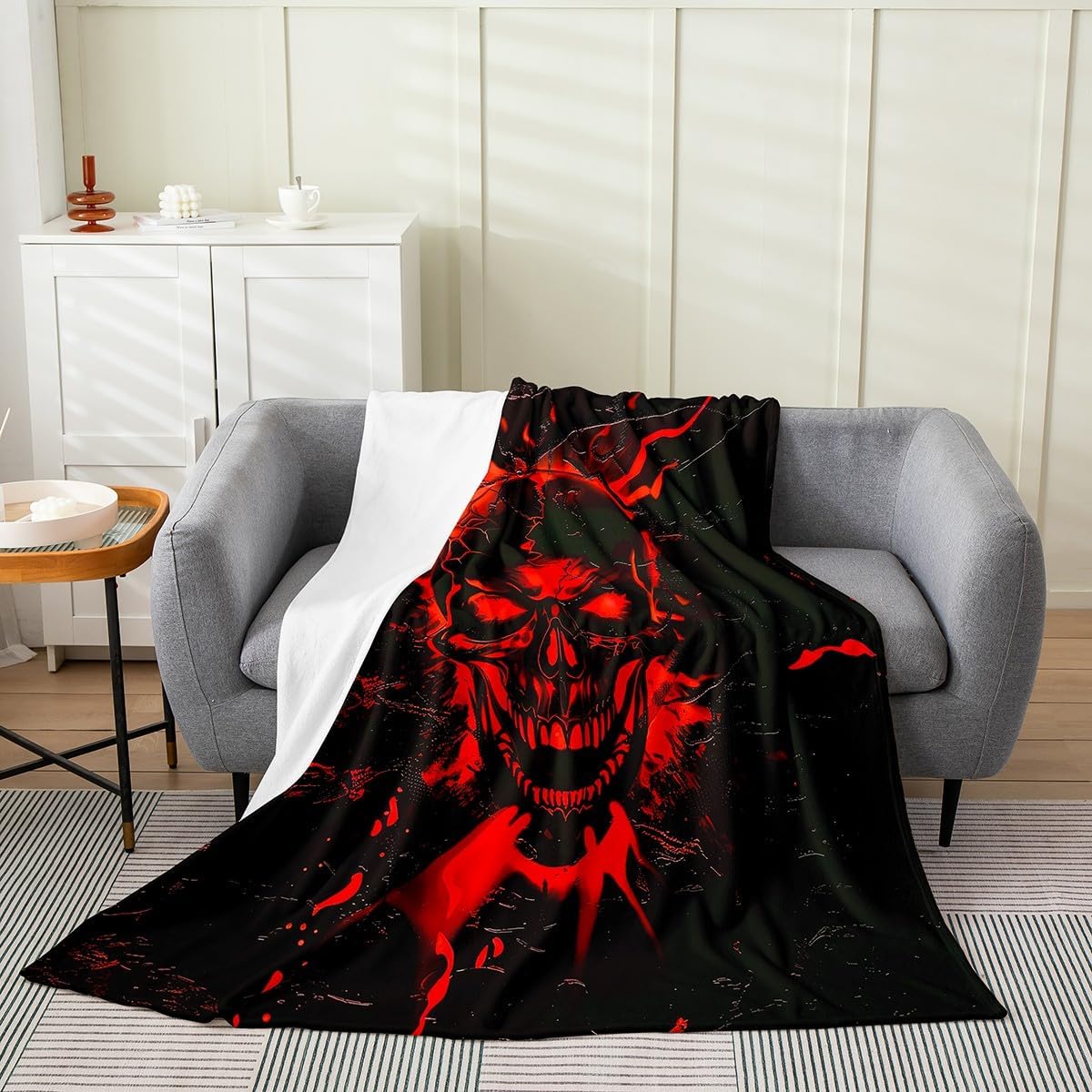 Erosebridal Goth Skull Throw Blanket Queen 90x90 Inch for Bedroom Living Room Sofa Couch,Red Black Fleece Blanket,Neon Sugar Skull Flannel Blankets,Halloween Gothic Bed Blankets