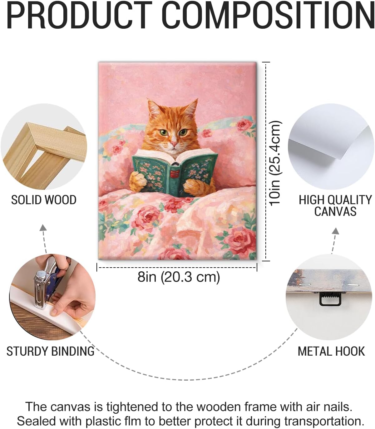 Vintage Cute Cat Pink Wall Art Print - Cat Reading Book Canvas Poster Painting - Pink Girly Wall Decor for Home Bedroom Dorm 8x10 Inch Framed