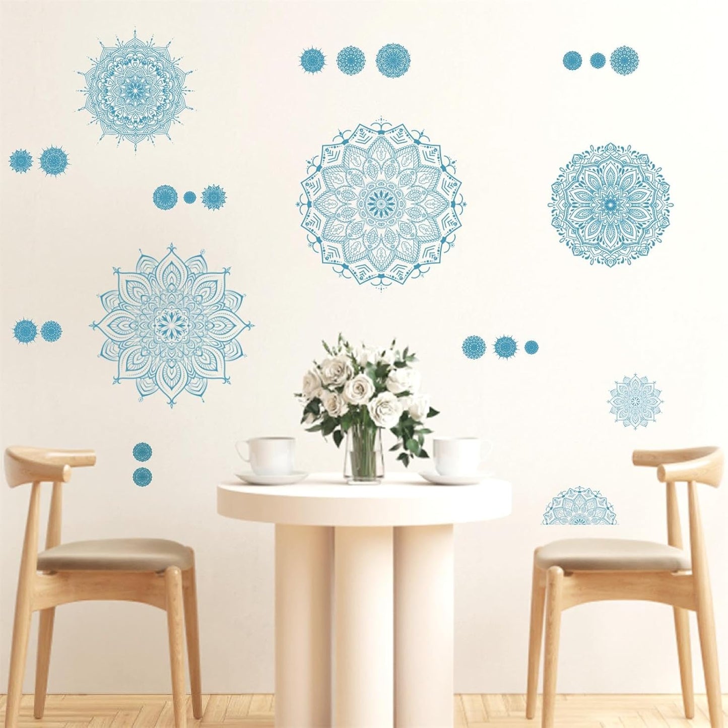 Blue Mandala Wall Stickers Large Mandala Wall Decals Peel and Stick Lotus Flower Stickers Headboard Art Decoration Modern Blue Art Decals for Living Room Bedroom Yoga Decor