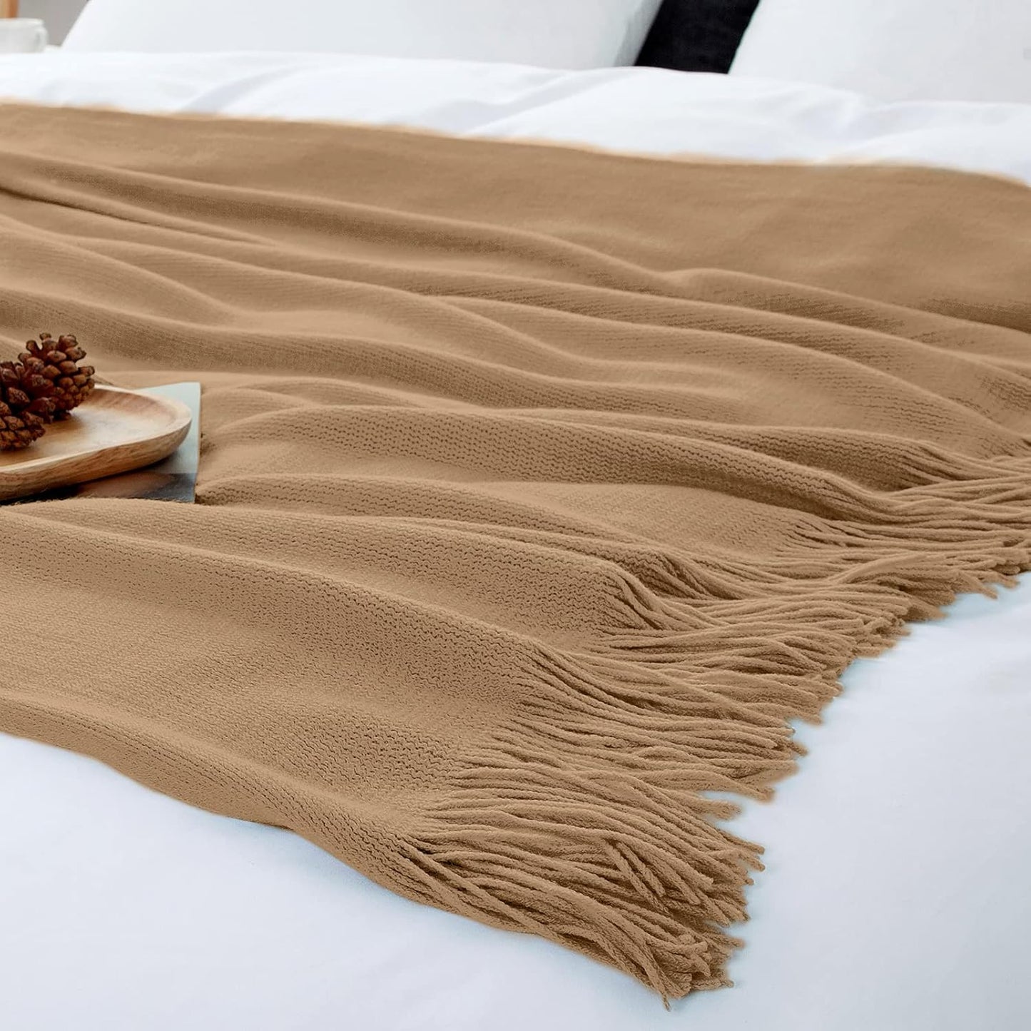 Vonty Light Brown Knitted Blanket with Tassels Fringe 60" x 80", Super Soft Knit Throw Blanket, Farmhouse Decorative Lightweight Blanket for Couch, Sofa, Bed
