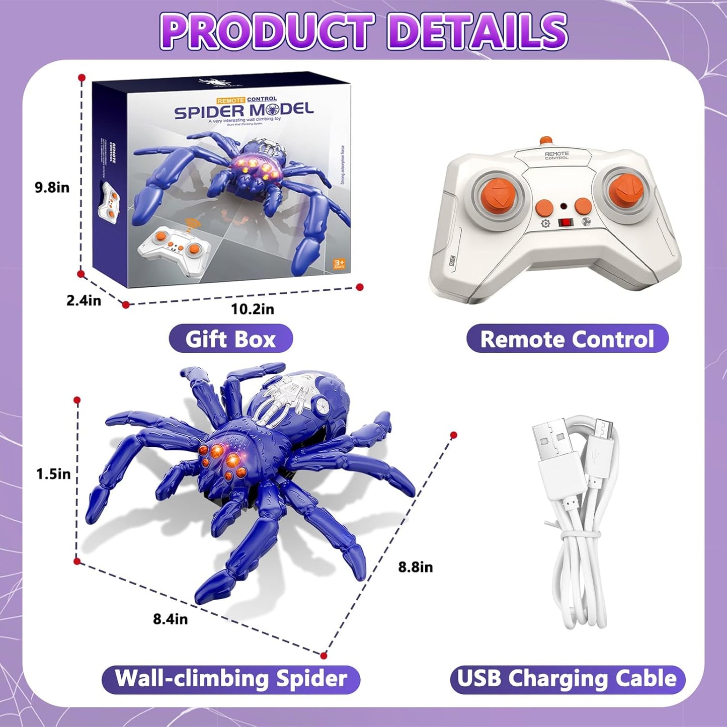 Wall Crawler Spider, Rechargeable Remote Control Robot Kids Toys, 360° Rotating RC Wall Climbing Spider with LED Eyes Toys for Boys Girls Ages 3 & Up, Birthday Gifts for 3-12 Year Old Boys
