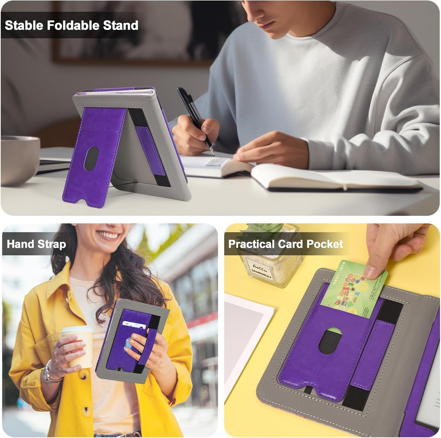 Caweet Case for Kobo Clara Colour/BW 6 Inch 2024 Release, Premium PU Leather Foldable Stand Protective Sleeve Cover with Card Slot and Hand Strap, Lilac Marble