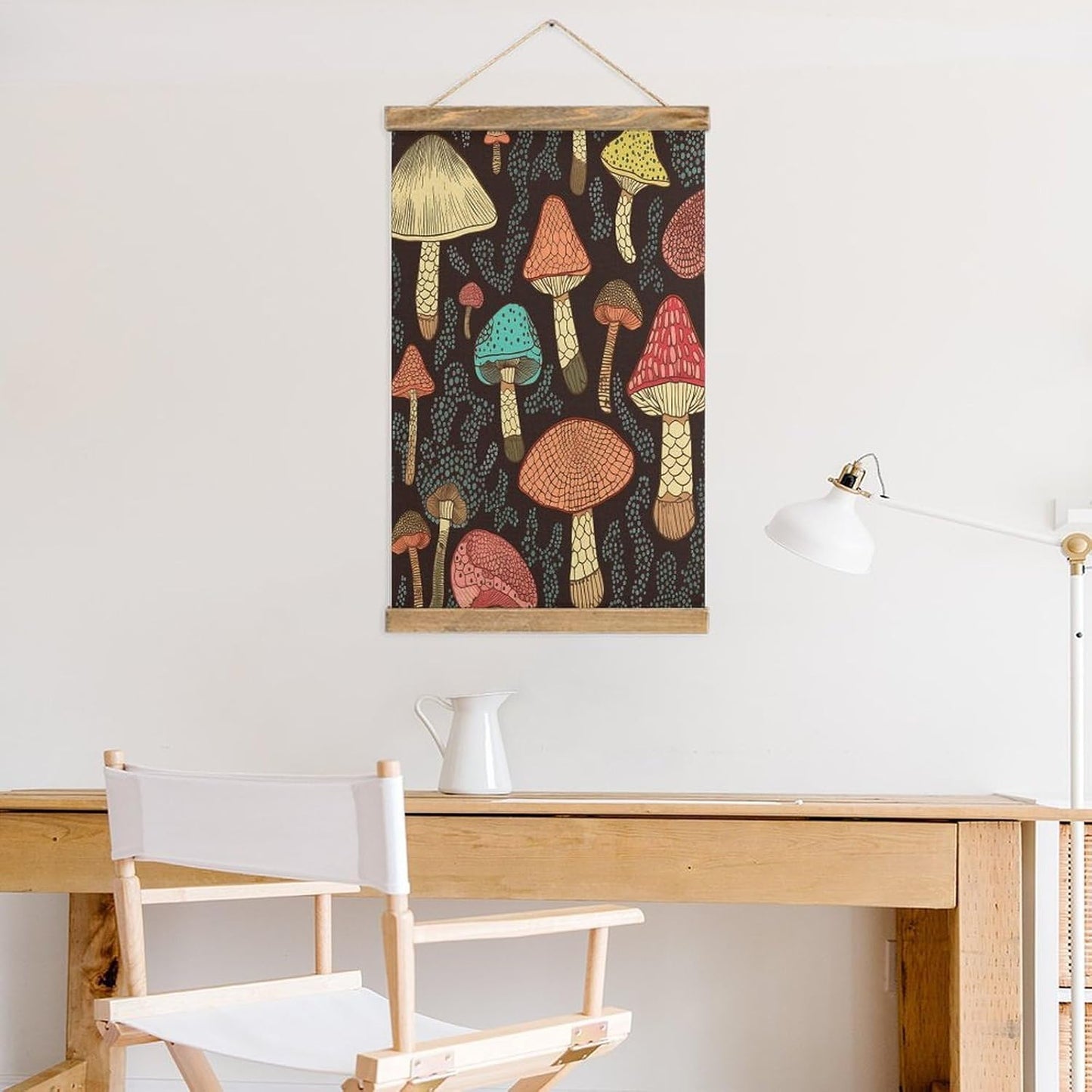 Vintage Mushroom Poster with Wooden Frame Personalized Linen Hanging Scroll Painting Rustic Wall Hanging Illustrative Modern Artwork Decor for Home Living Room Bedroom Office