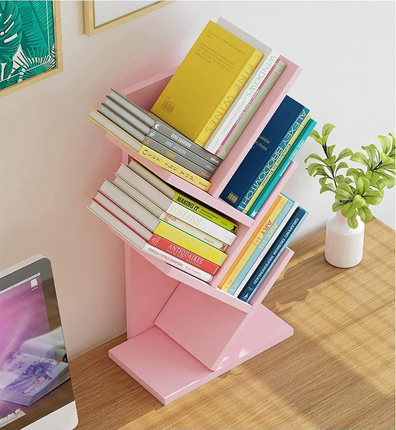 Tree Bookshelf,4-Layer Floor Standing Bookshelf,The Desktop Bookshelf Can Hold Books,Magazines,CDs and Photo Albums,Office Storage Rack,Pink