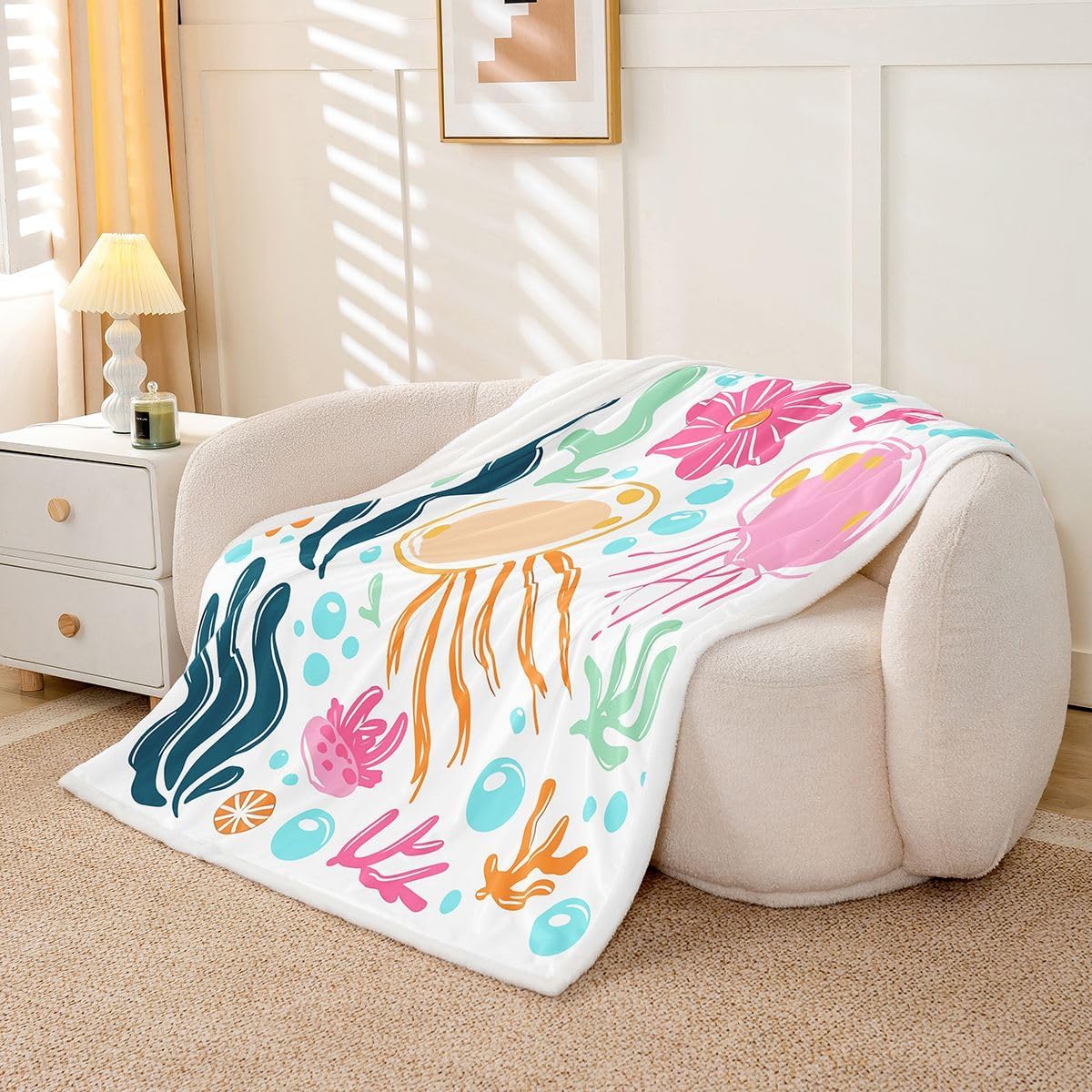 Feelyou Ocean Sherpa Throw Blanket for Couch Cute Super Soft Cozy Fleece Marine Life Sea Blanket for Winter, Plush Throw Sea Underwater World Throw 50"x60" Cartoon All Season