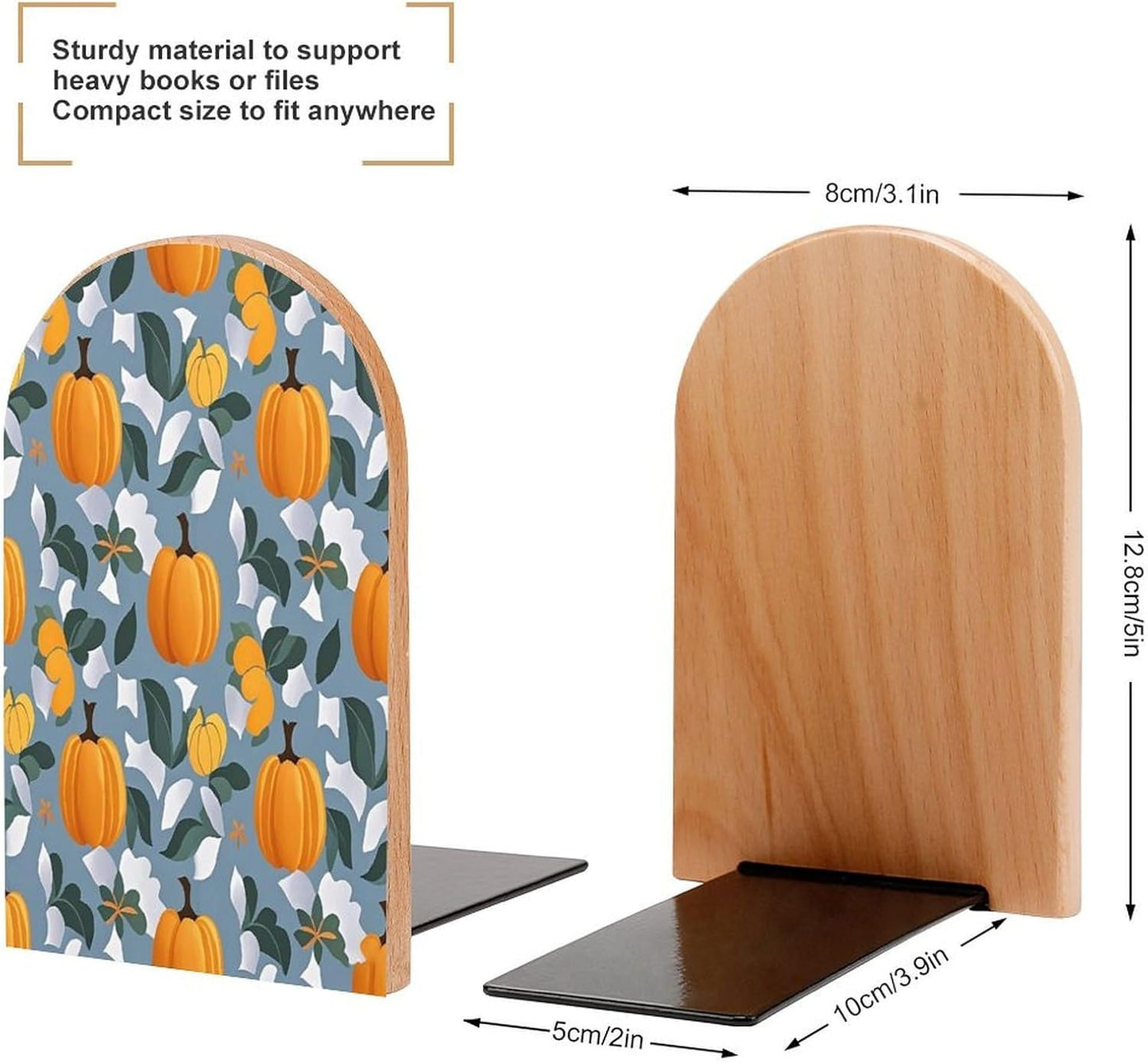 Orange Pumpkin Pattern Bookends 1 Pair Heavy Duty Book Ends for Shelves Non-Skid Bookend Supports Wooden Book Holders with Metal Base Desk Organizers Books Storage to Hold Books