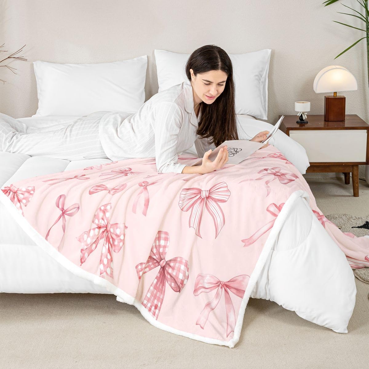 Feelyou Pink Bowknot Sherpa Throw Blanket for Couch Kawaii Bow Tie Super Soft Cozy Fleece Sweet Princess Blanket for Winter, Plush Throw Cute Bow Queen 90"x90" All Season