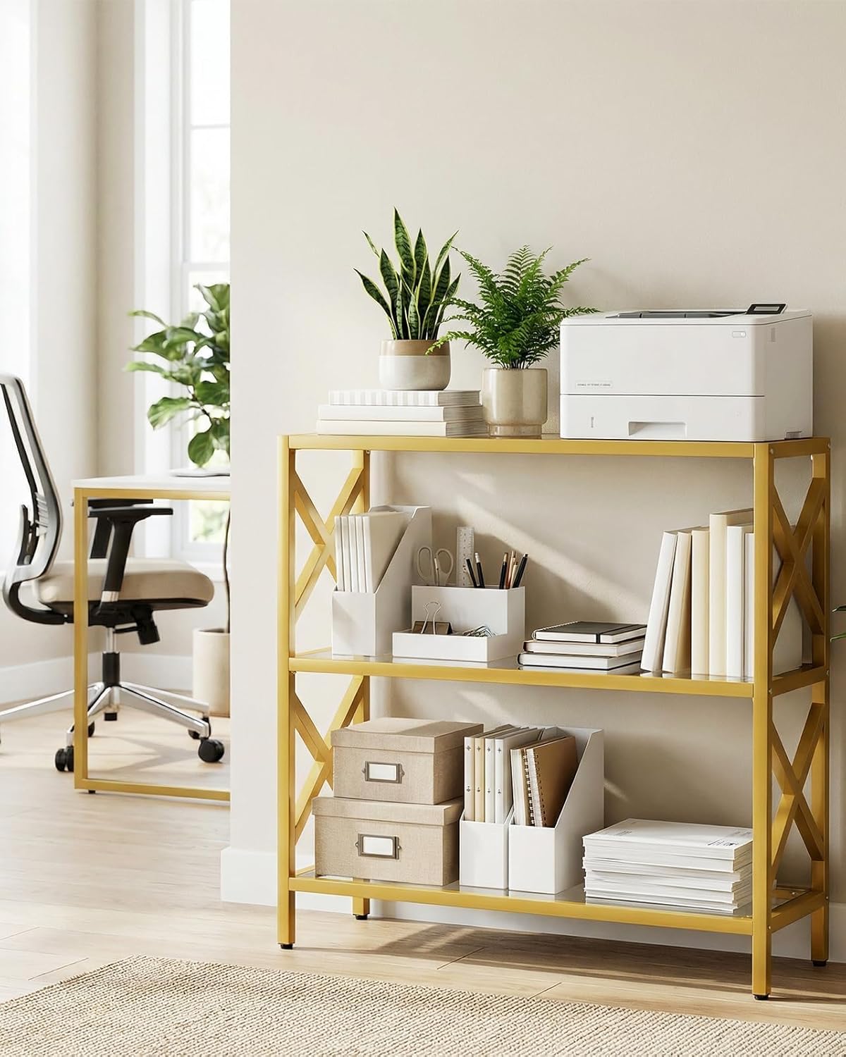 Homieasy 3 Tier Gold Bookshelf with LED Lights, Tempered Glass Display Shelf with Metal Frame, Modern Bookcase with X-Side Guards, Luxury Storage for Living Room, Bedroom & Office