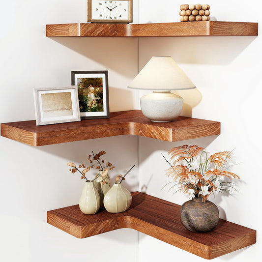 Fixwal Corner Floating Shelves for Wall Mounted Natural Solid Wood 16"x11.4" Farmhouse Home Decor Display Shelving Set of 3 (Rustic Brown)