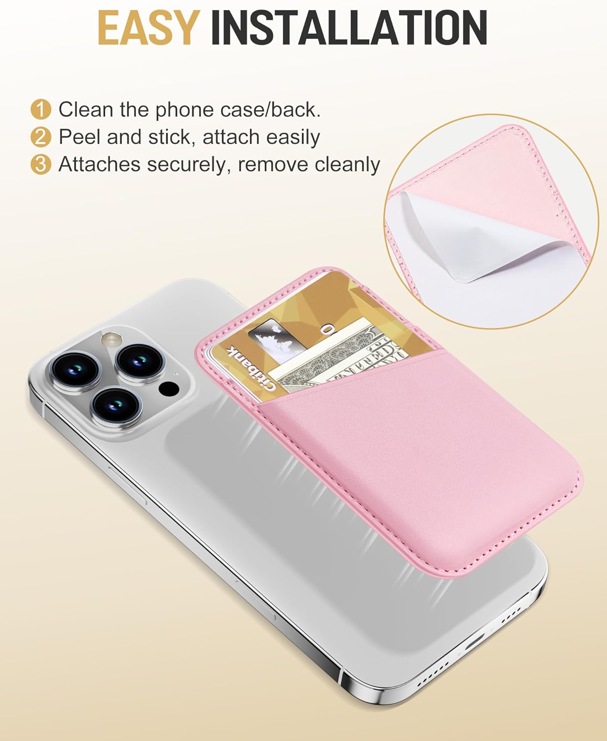 Senose Phone Wallet Stick on, 2 Pack Phone Card Holder for Phone Case, Leather Credit Card Sticky Wallet 3 Pockets Back of phone, Compatible for iPhone, Android, Samsung-White Pink
