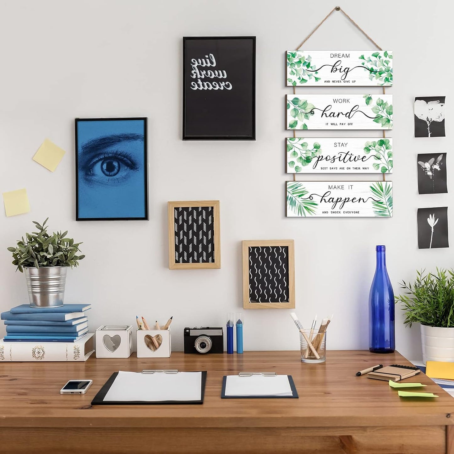 Glenmal 4 Pieces Wooden Inspirational Wall Art Motivational Office Wall Decor Positive Wood Wall Signs With Sayings Greenery Quotes Rustic Hanging Plaque for Home Living Room Bedroom