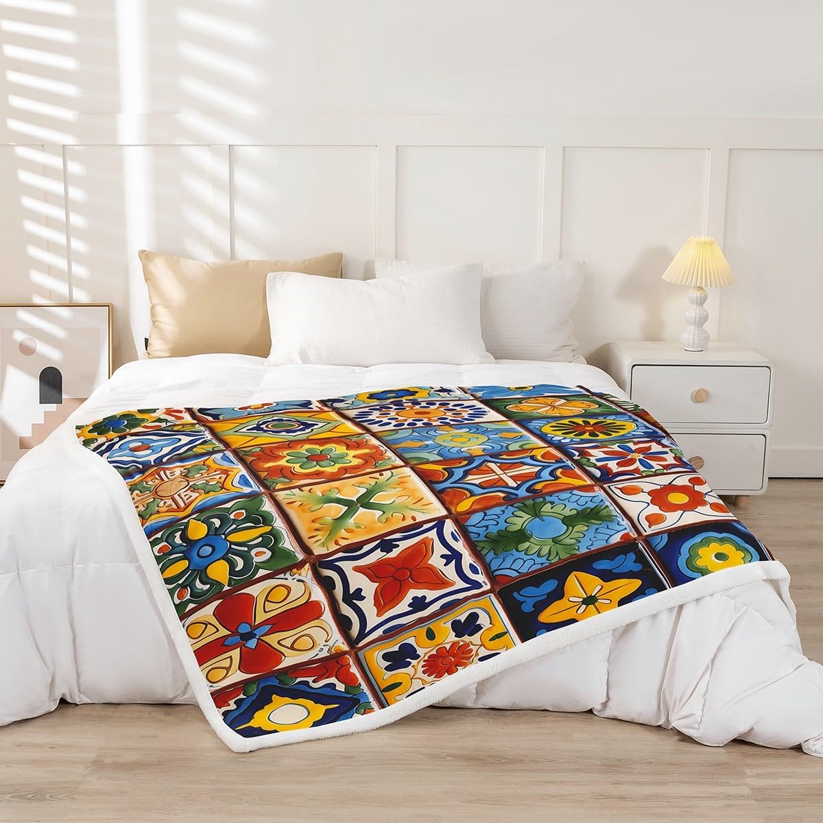 Erosebridal Mexican Talavera Tile Blanket Throw,Exotic Ethnic Boho Style Blankets Throws for Kids Adults Room Decor,Colorful Bohemian Fleece Blanket Geometric Flower Blanket 40"x50"