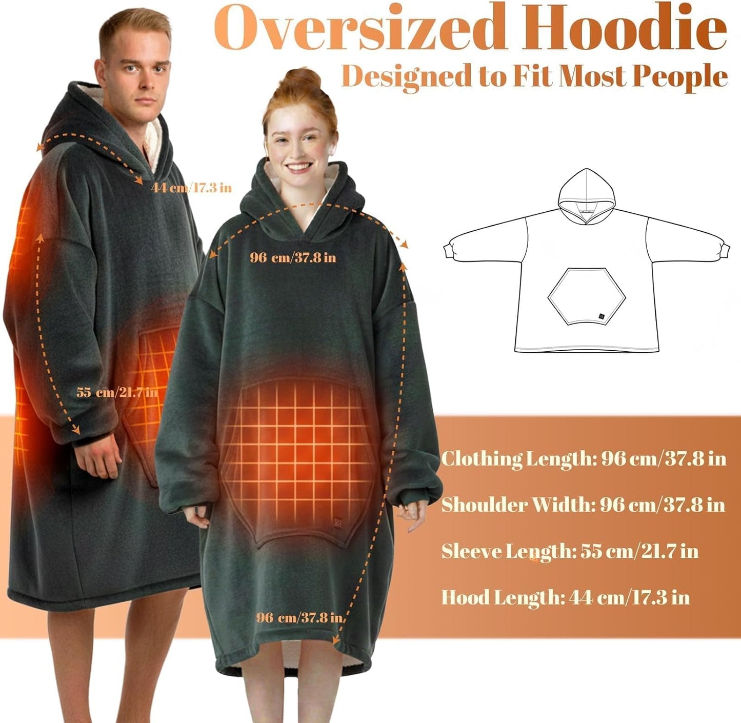 Dark Grey Wearable Heated Blanket Hoodie, Flannel & Sherpa USB Heated Hooded Blanket, Oversized Hoodie Sweatshirt with Pocket, 3 Heating Levels for Man Women Christmas Birthday Gifts, No Battery Bank