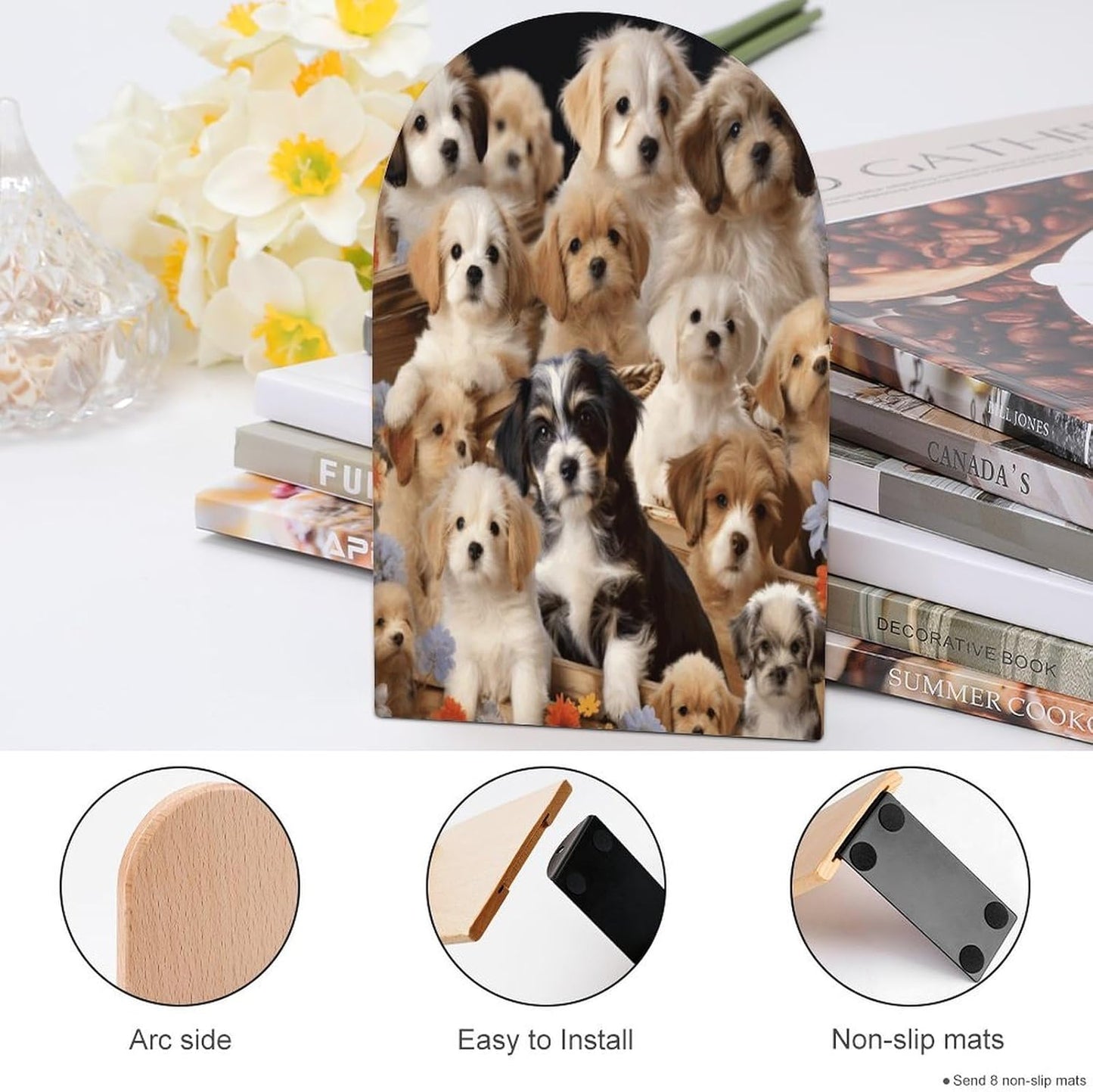 Cute Pet Dogs Bookend for Shelves Wooden Book End Large Size Sturdy Book Holders Stoppers with Metal Base for Bookshelves Slick Decorative Bookends Stands